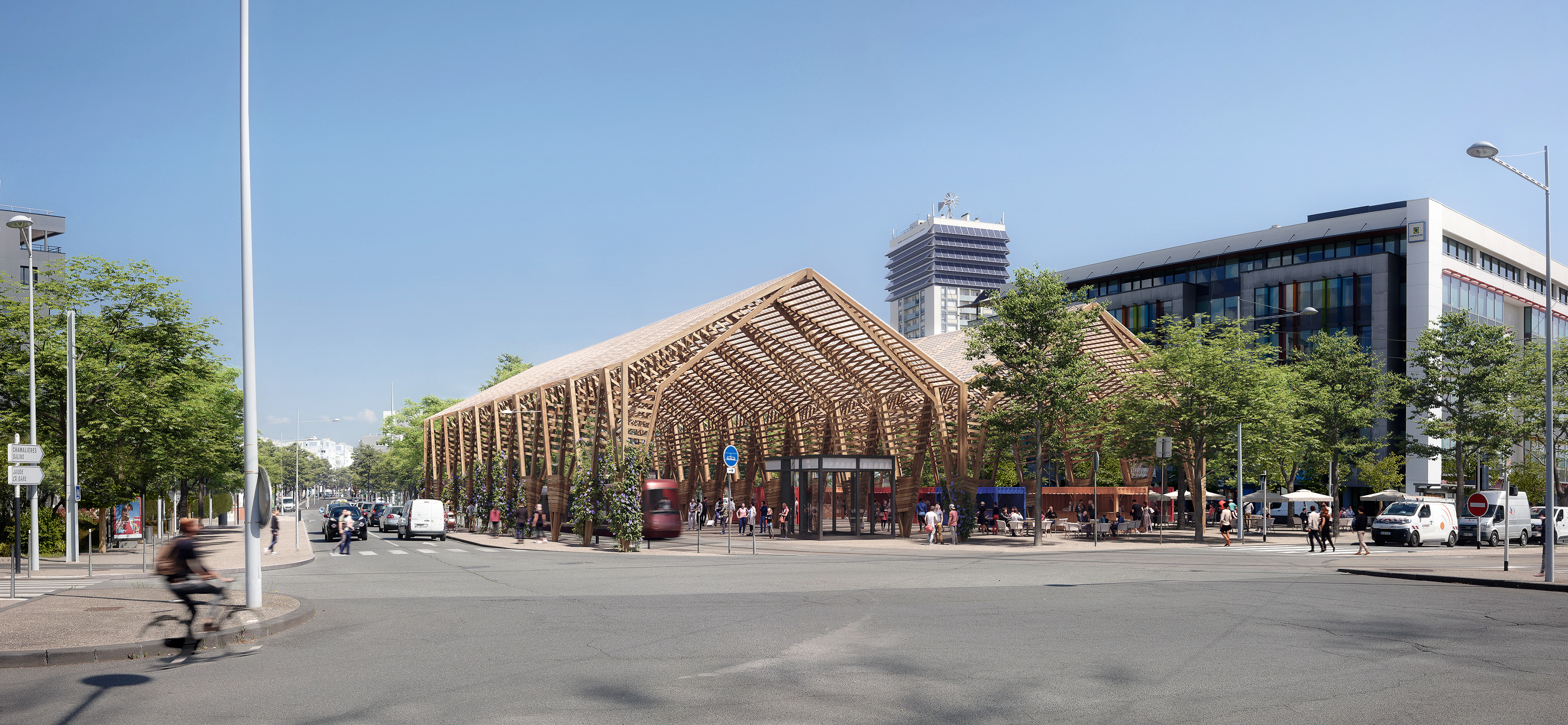 A different kind of square: On the Henri Dunant square, a hall shelters travellers. There are kiosks where you can drink a coffee or buy a newspaper. Fairs and shows will be held there.