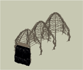 Finally, dried hay handfuls are laid onto the  ‘rack’ like horizontal structure, starting from the  bottom, to slowly cover the structure. A tapering  of the thickness of hay is recommended, and it is  important to start from the base and work  upwards, so that the hay is laid in a way to let the  water run off (similarly to the layering of roof  tiles).