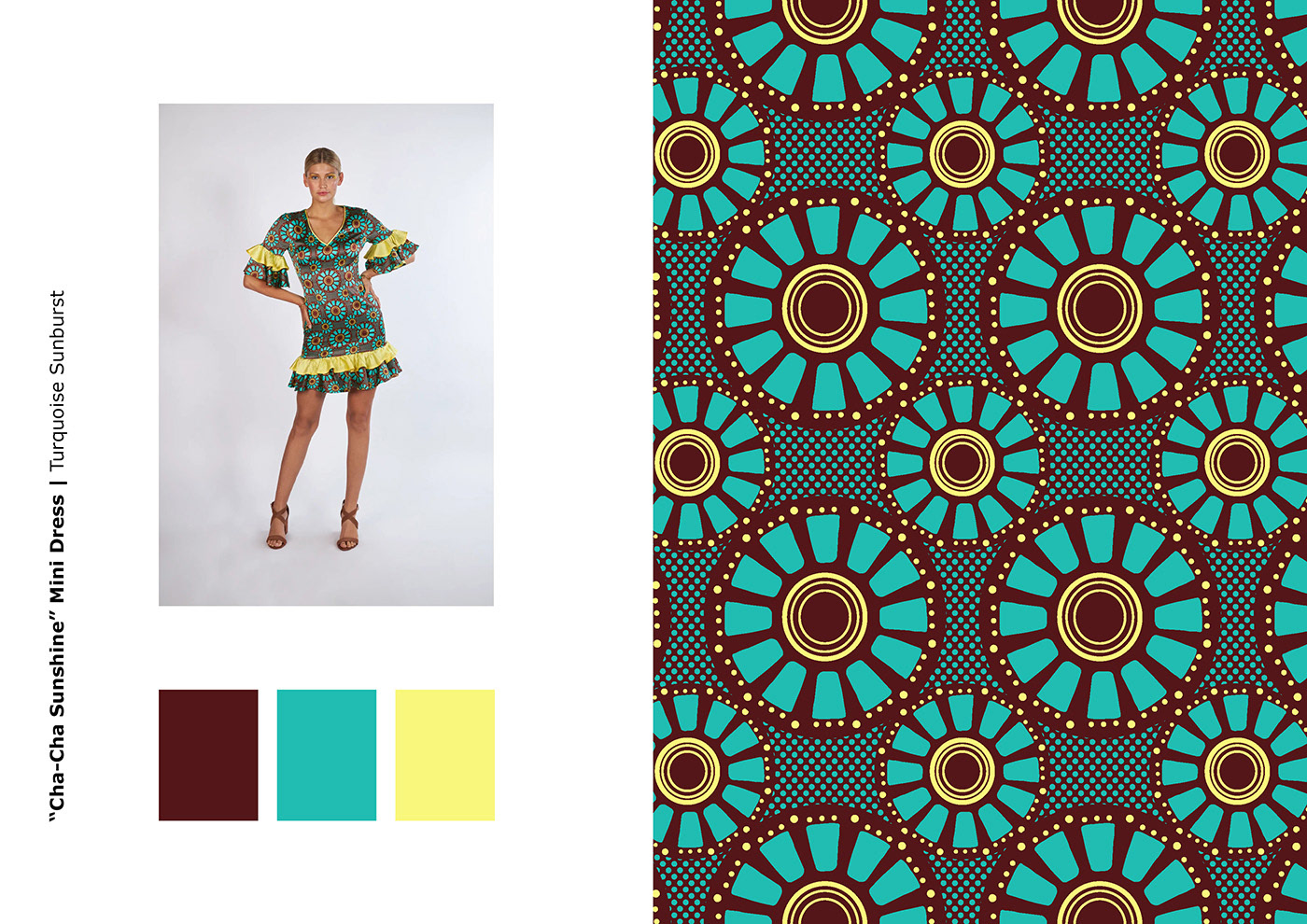 diseño de motivo por repetición de inspiracion africana que contiene circulos medianos y grandes alternados que se forman a traves de formas geometricas turquesas y puntos amarillos como bordes, el fondo se conforma de puntos turquesas sobre color liso bordeaux oscuro, paleta de colores usada en el diseño, mujer luciendo un vestido con el diseño estampado