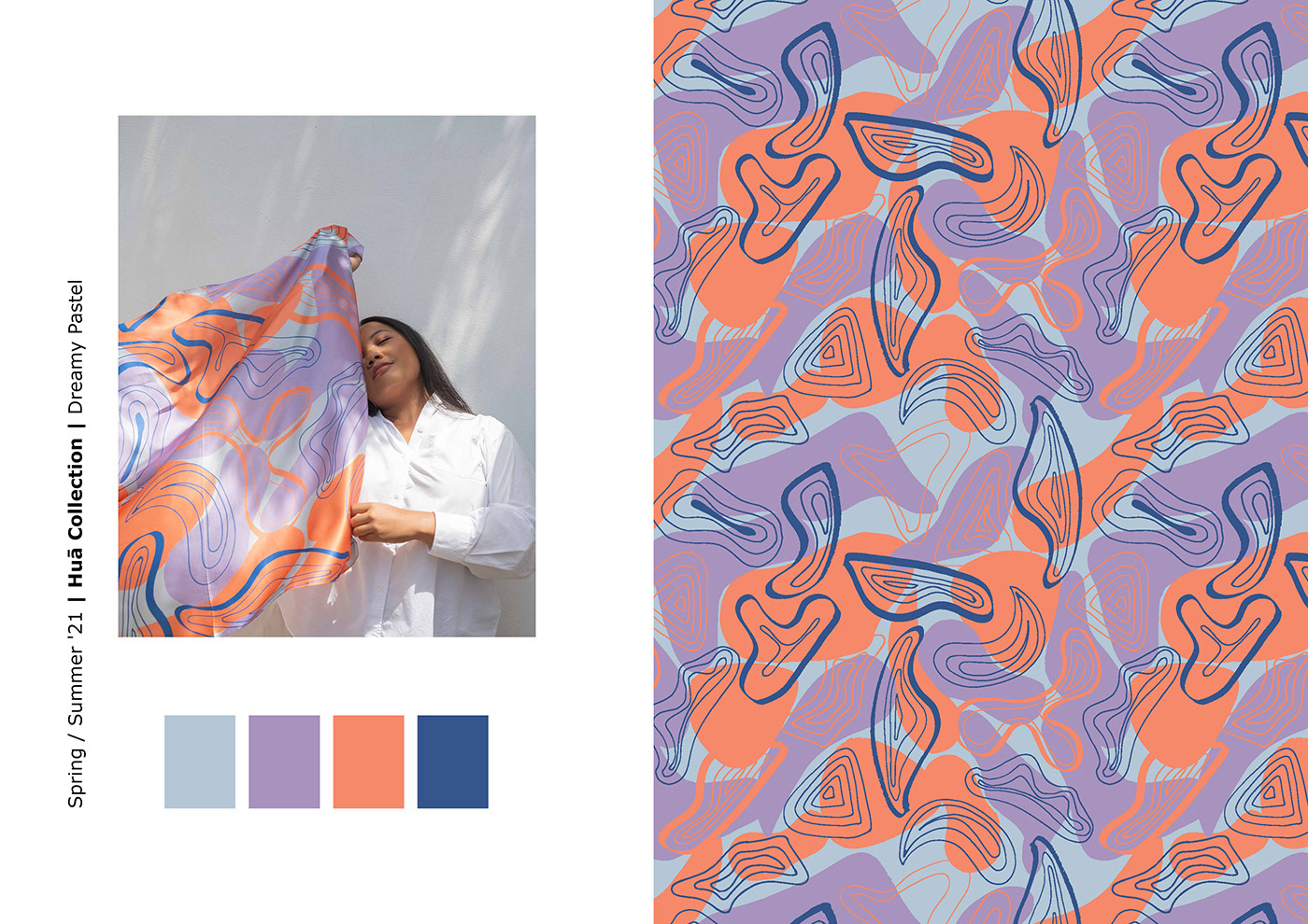 diseño de estampa contínua para pañuelos de estilo abstracto con formas orgánicas lineales y plenas en colores azul, naranja y lila sobre un fondo liso celeste, paleta de colores usada en el diseño, mujer sosteniendo un pañuelo estampado con el diseño sobre fondo neutro