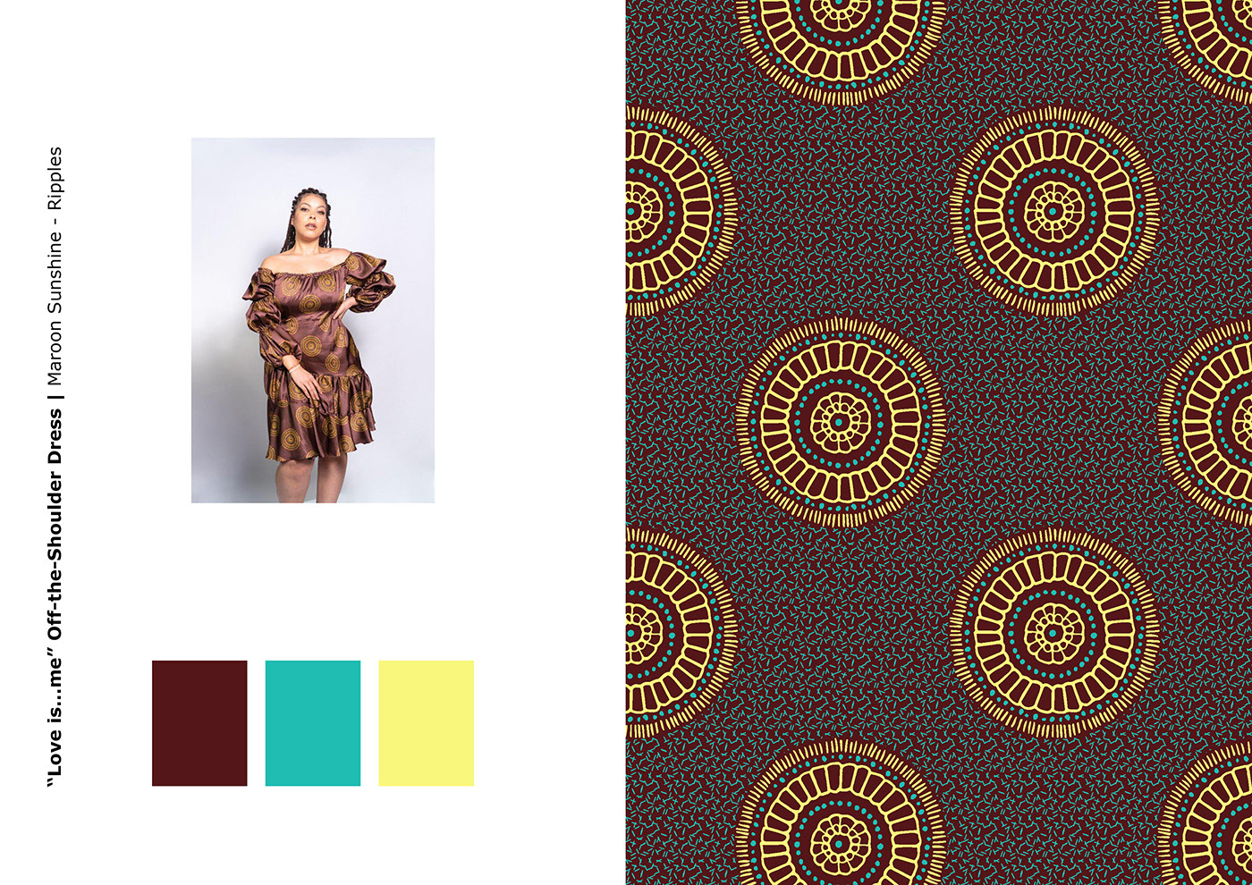 diseño de motivo por repetición de inspiracion africana que contiene grandes circulos amarillos con detalles pequeños sobre un patron de lineas turquesas aleatorias dispuestos sobre un fondo color bordeaux oscuro, paleta de colores usada en el diseño, mujer luciendo un vestido con el diseño estampado