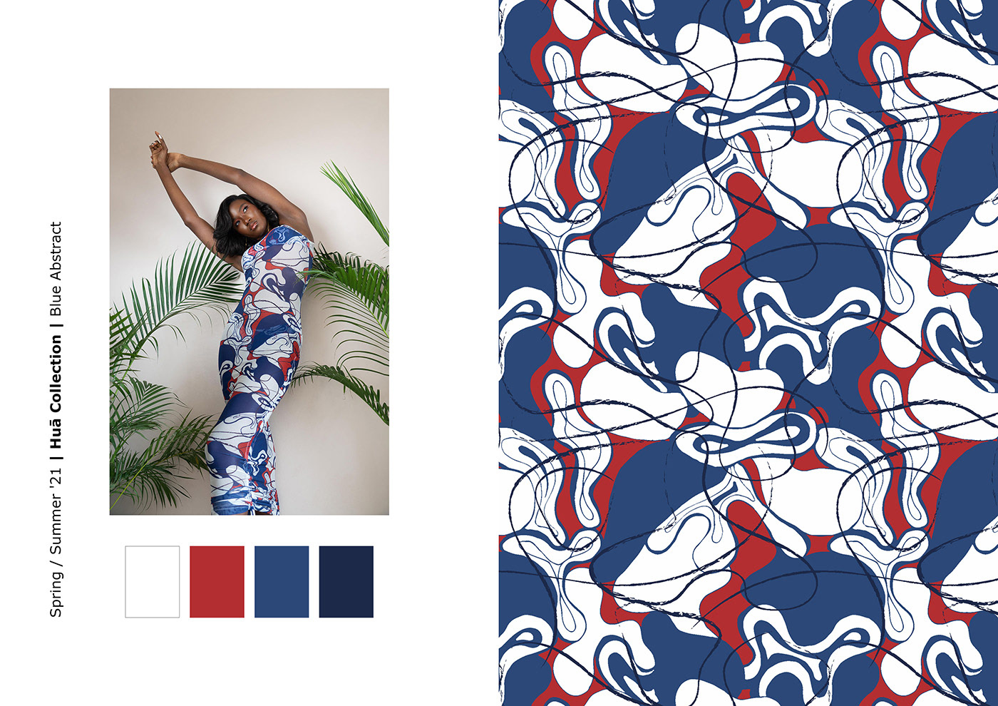 diseño de estampa continua para ropa de playa de estilo abstracto con formas orgánicas lineales, gestuales y plenas en color azul, blanco y rojo, paleta de colores usada en el diseño, una mujer usando un traje de cuerpo entero estampado con el diseño sobre un fondo neutro con hojas de palmera