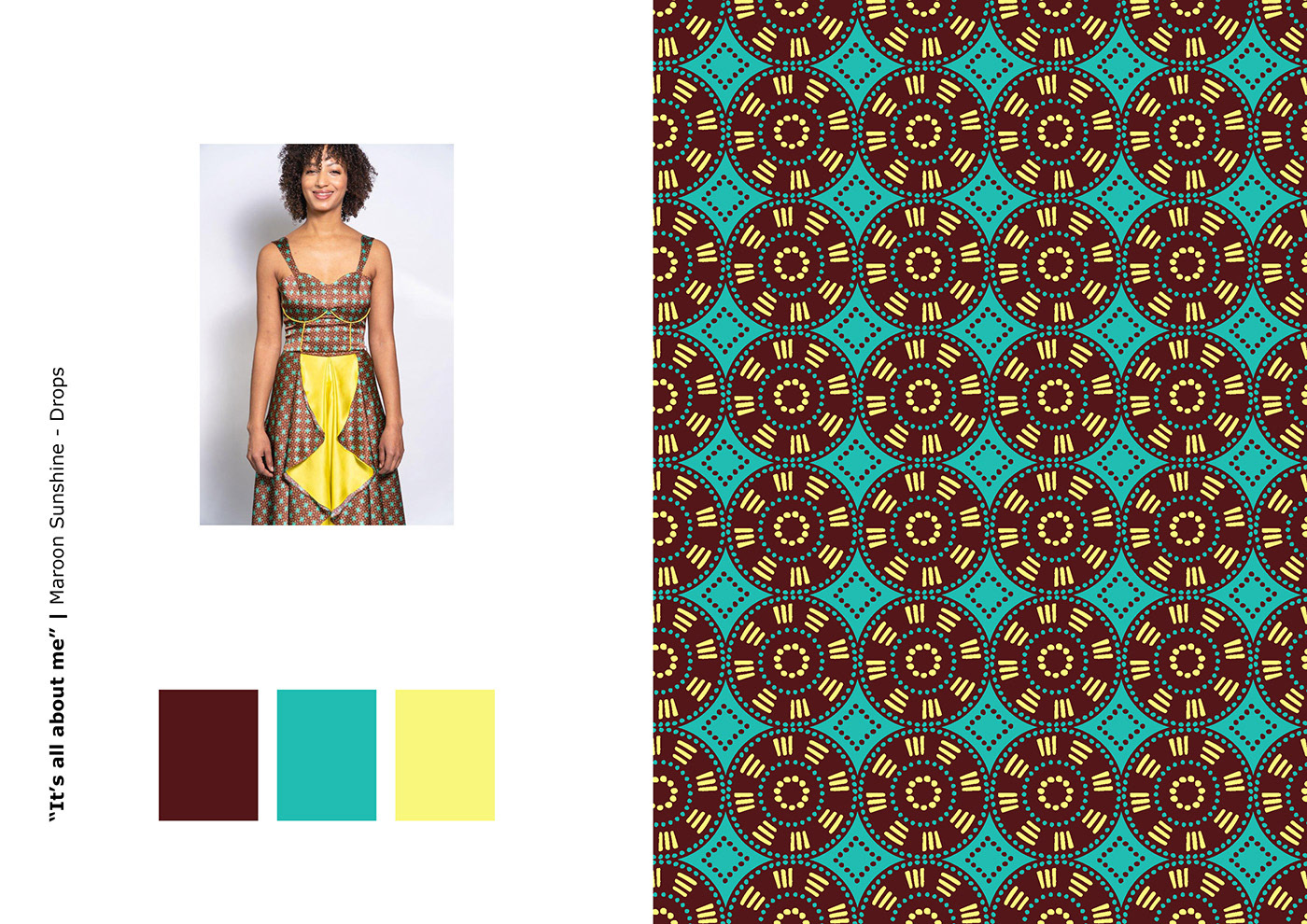 diseño de motivo por repetición de inspiracion africana que contiene circulos medianos que se forman a traves de lineas y puntos amarillos y turquesas dispuestos sobre un fondo color bordeaux oscuro, paleta de colores usada en el diseño, mujer luciendo un vestido con el diseño estampado