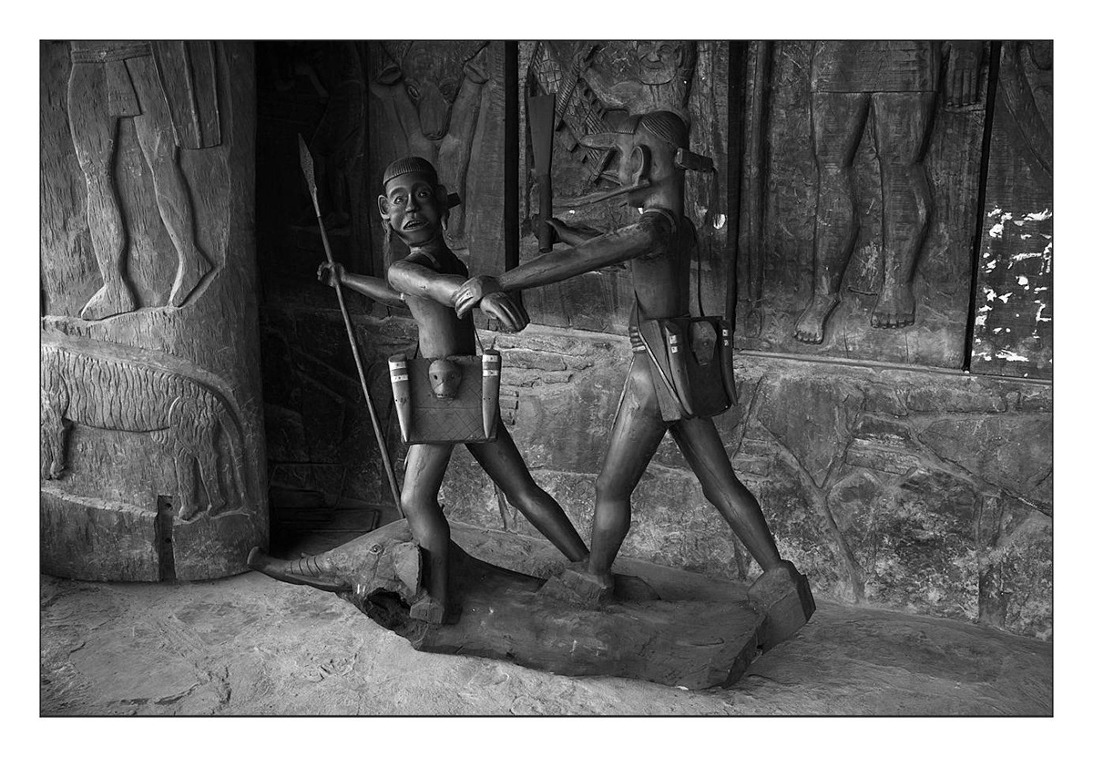 Statues of warriors and wood carvings