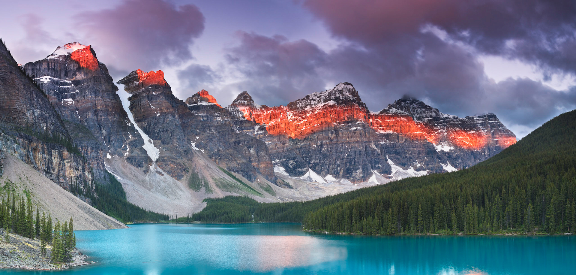 Panorama of Moraine Lake at sunrise. Achieved by stitching four photographs together. Original camera Mamiya 645 with PhaseOne digital back.