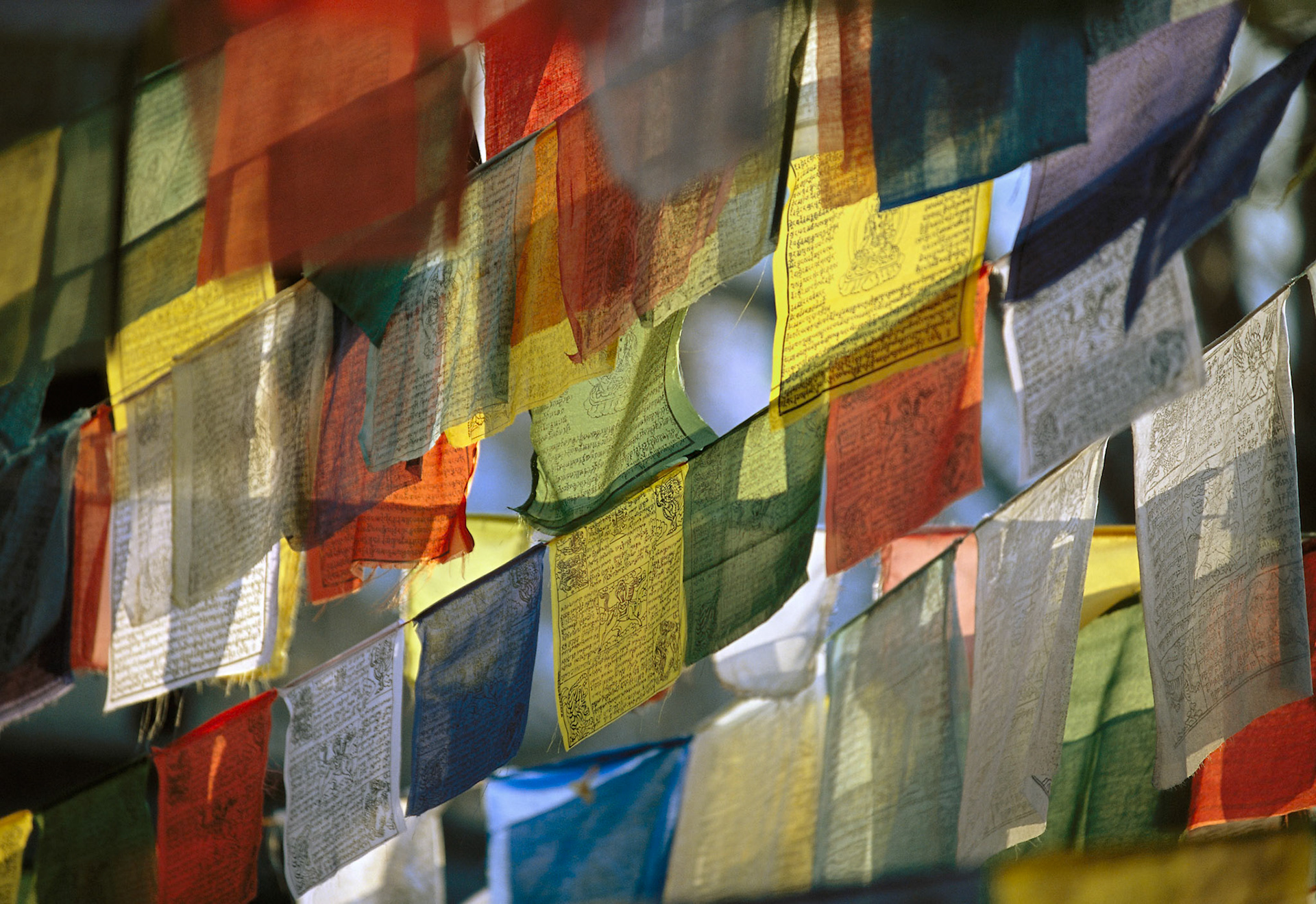 Before I went to Nepal in 2001 I thought about some of the photographs that I really wanted to make. A photograph full of backlit prayer flags was in my mental list. I kept looking for the right conditions and finally found them at a temple in Muktinath. It was early evening and I was very greatful for the fast telephoto zoom lens that I was carrying. This is hand held at 1/30th, a minute later the light had gone. This  photograph hangs over my desk.
