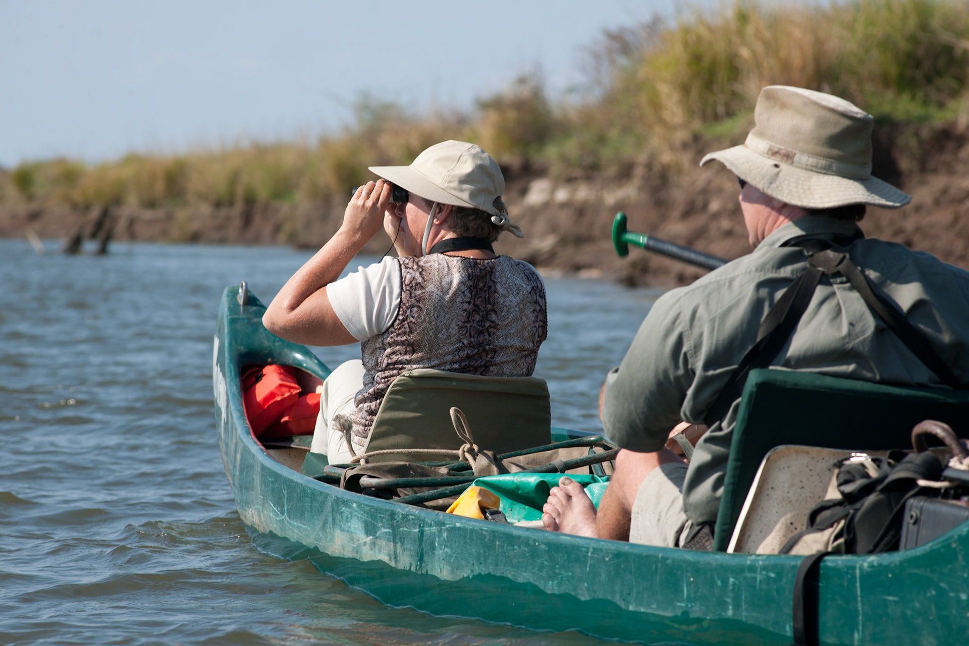 Renay Hawkins watches the abundant wildlife whilst canoeing down the Zambezi river with Nick Murray