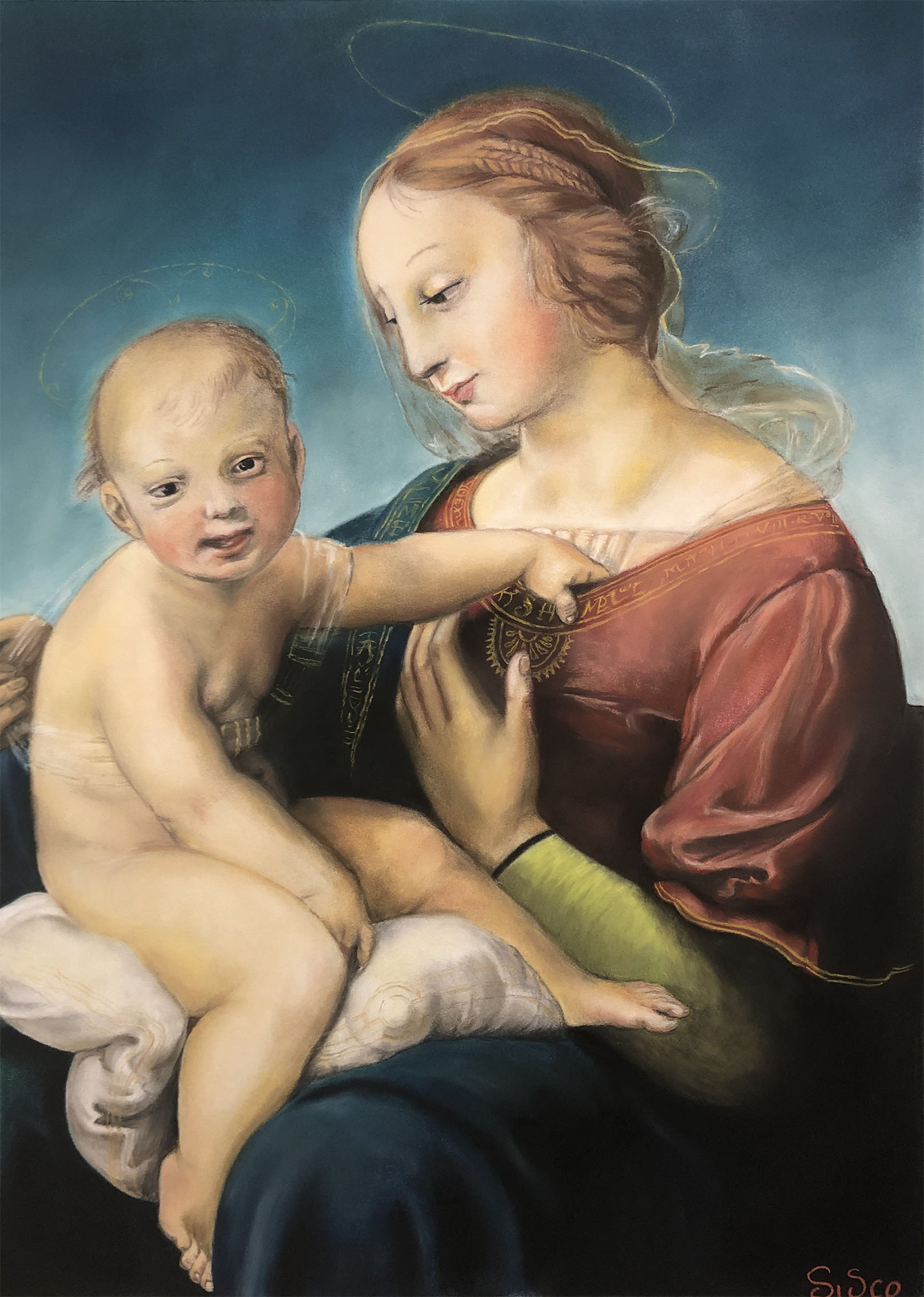 Simona Scopece, Madonna con Bambino, pastello su carta Pastelmat 40x50 cm