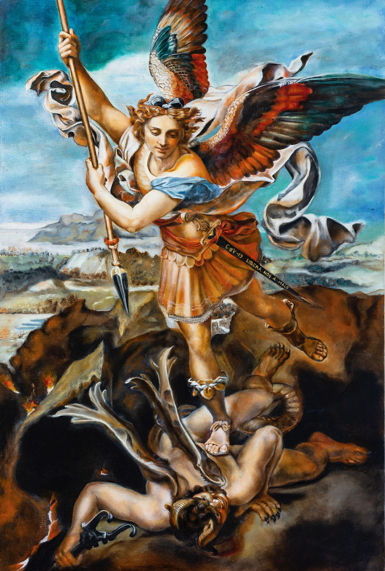 San Michele sconfigge Satana, olio su tavola 50x70 cm