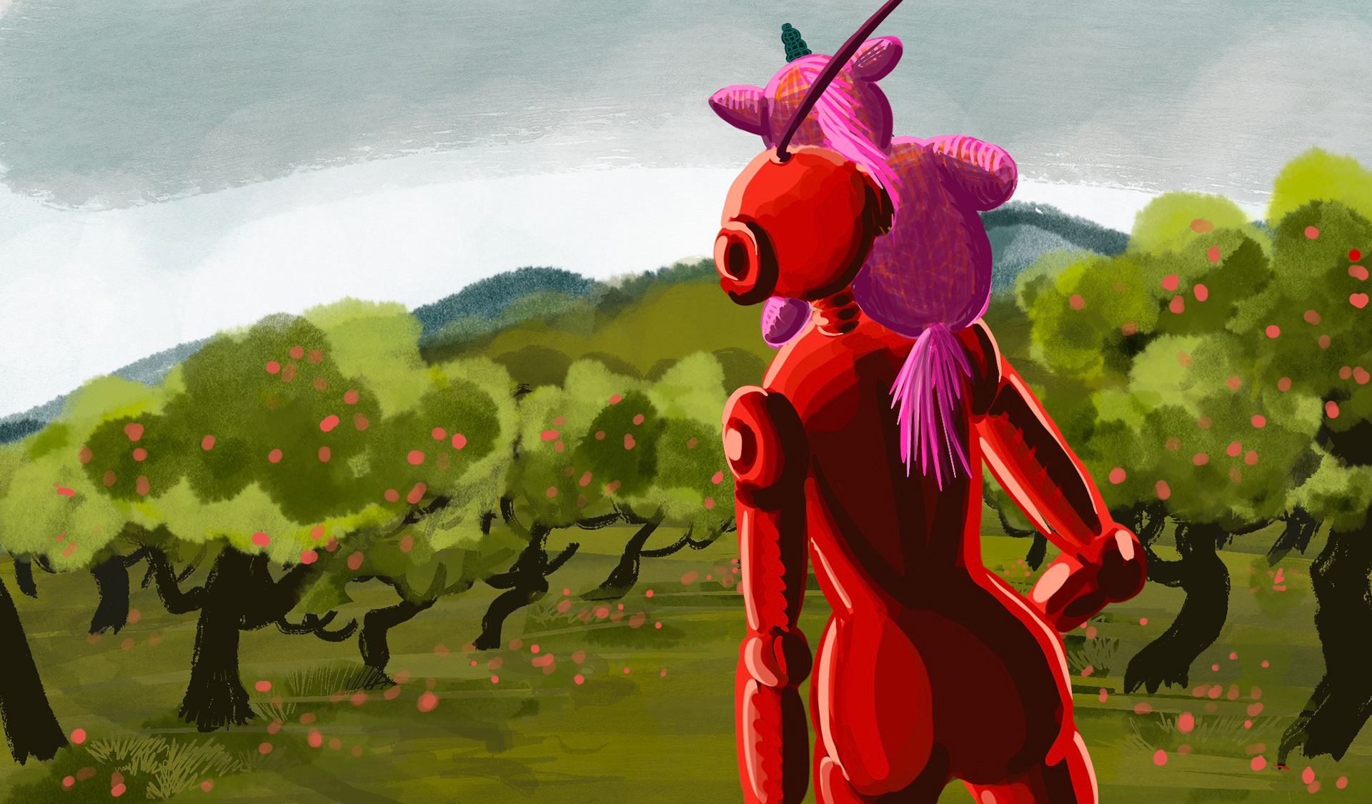 Red Robot finds an orchard