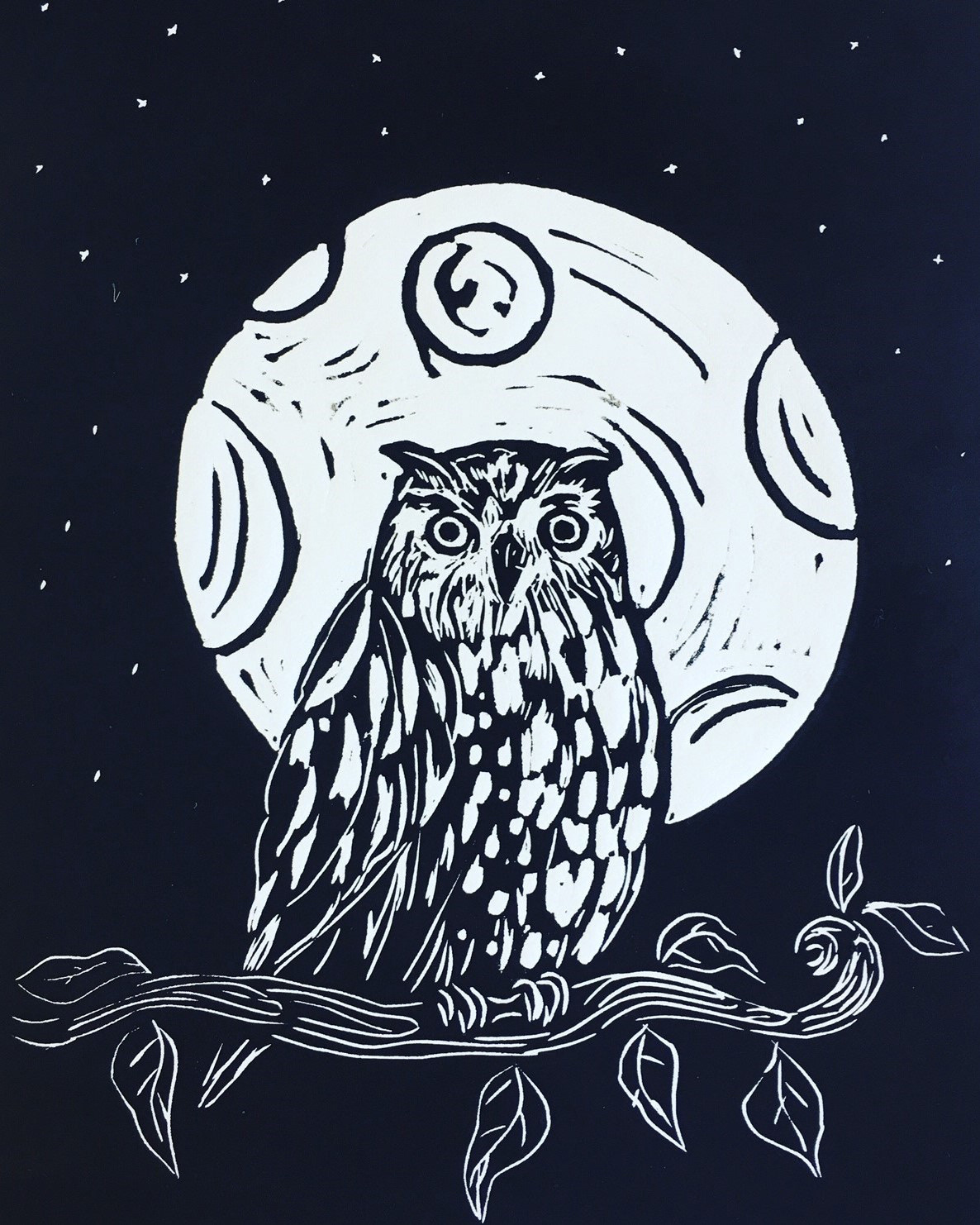 Moonlit Owl B&W Linocut