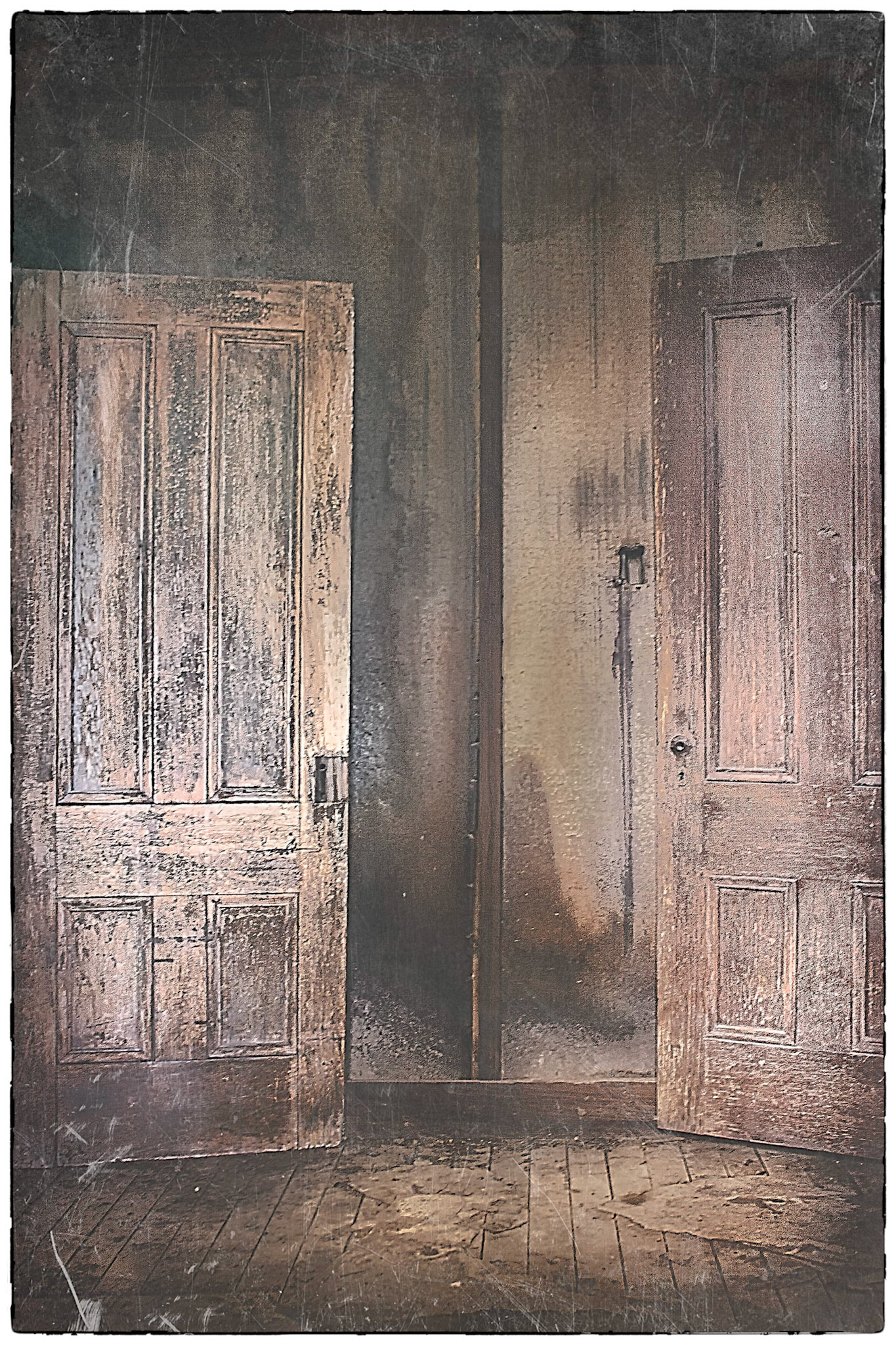 Interior of abandoned room with a door on each side.   Ghost Town of Bodie, CA.