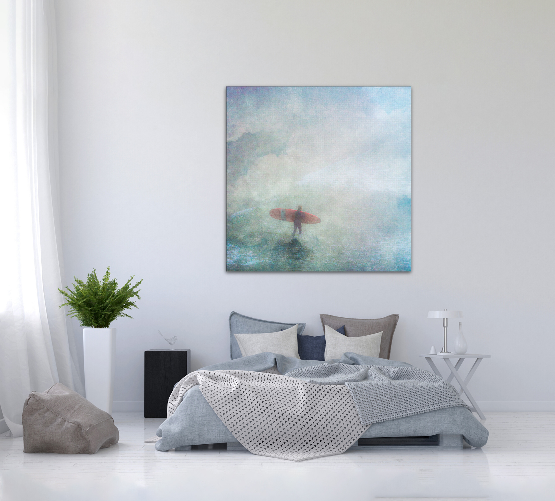 California Casual style Interior bedroom with wall art "Searching for the Perfect Wave" by Ann Whitted
