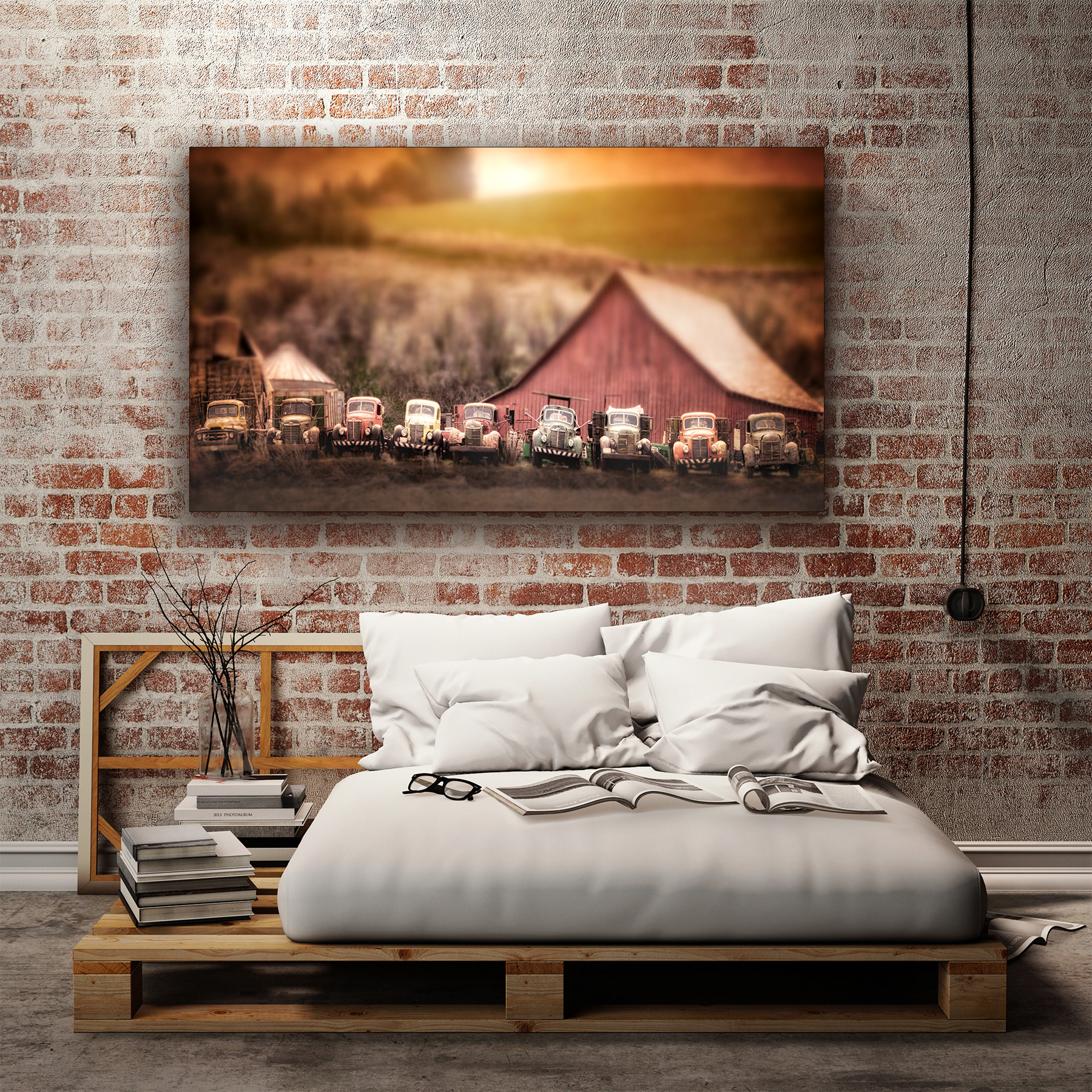 Rustic loft designed with canvas wall decor "Old Tow Trucks in a Row" captured in the Palouse region of Eastern Washington. Photography by Ann Whitted...Four Leaf Photography.