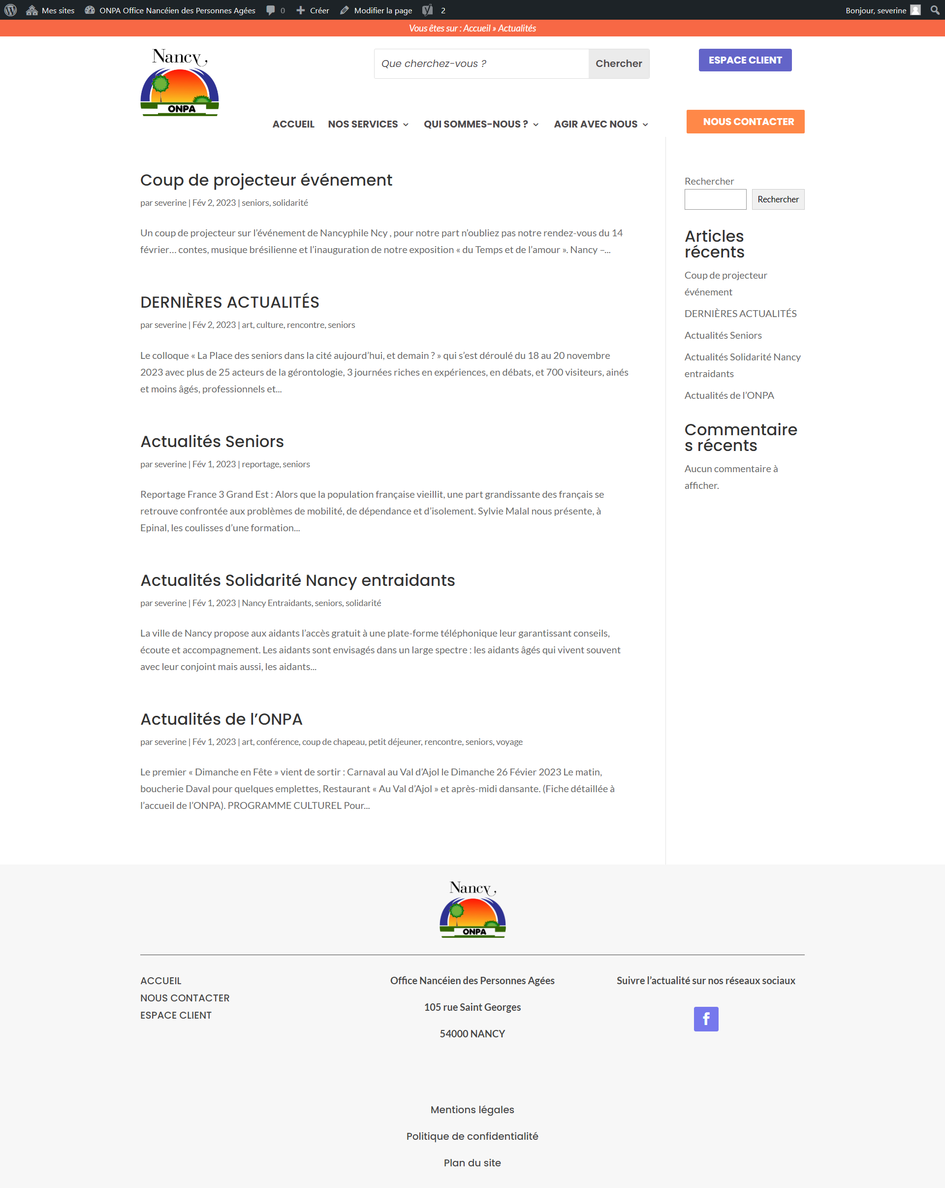 Capture d'écran de la page Actualités