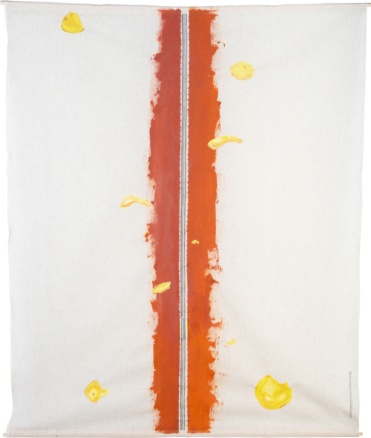 Code-Stripes 20/I / 2020 / Malerei, Collage / Acrylfarbe, Barcodes (Lebensmittelverpackungen), Nähte, Stoff, Holzleisten / ca. 134 x 108 cm