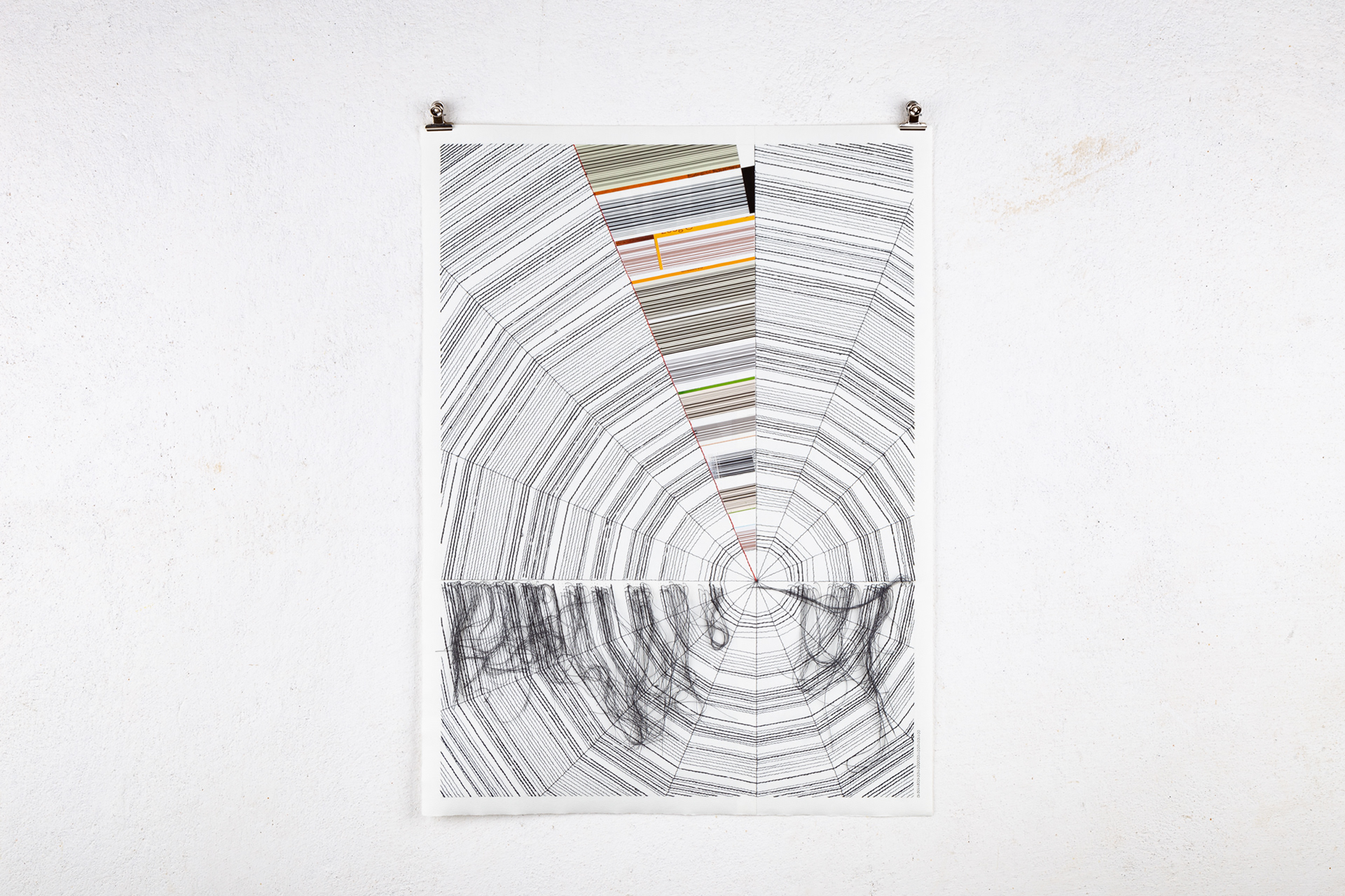 Warennetz II / 2019-2021 / Zeichnung, Collage / Fäden, Barcodes (Lebensmittelverpackungen), Permanentstift, Papier / 54,6 x 40,5 cm