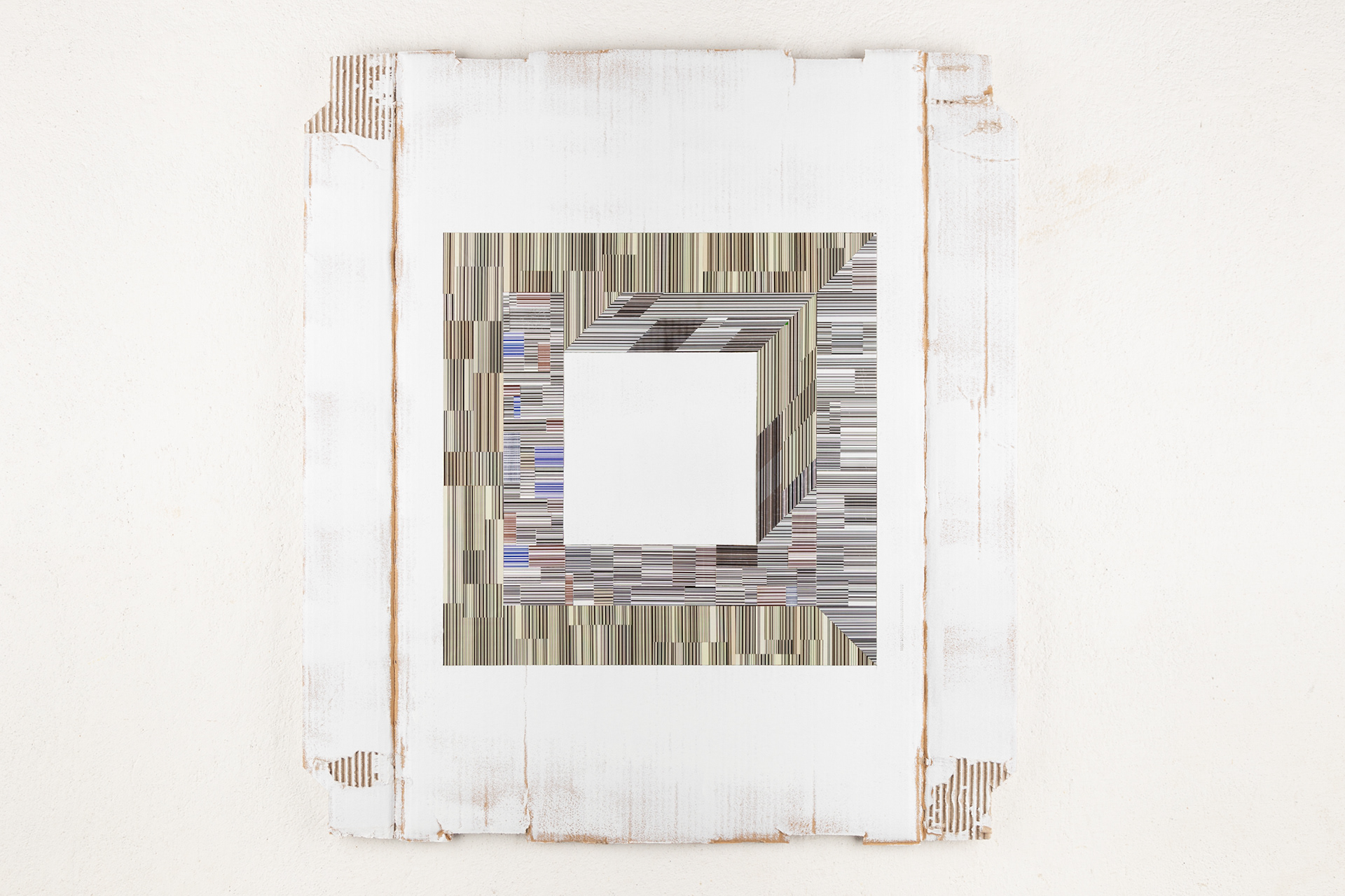 Binärer Raum / 2022-23 / Collage / Barcodes (Lebensmittelverpackungen), Permanentstift, grundierter Verpackungskarton / ca. 59,0 x 52,8 cm