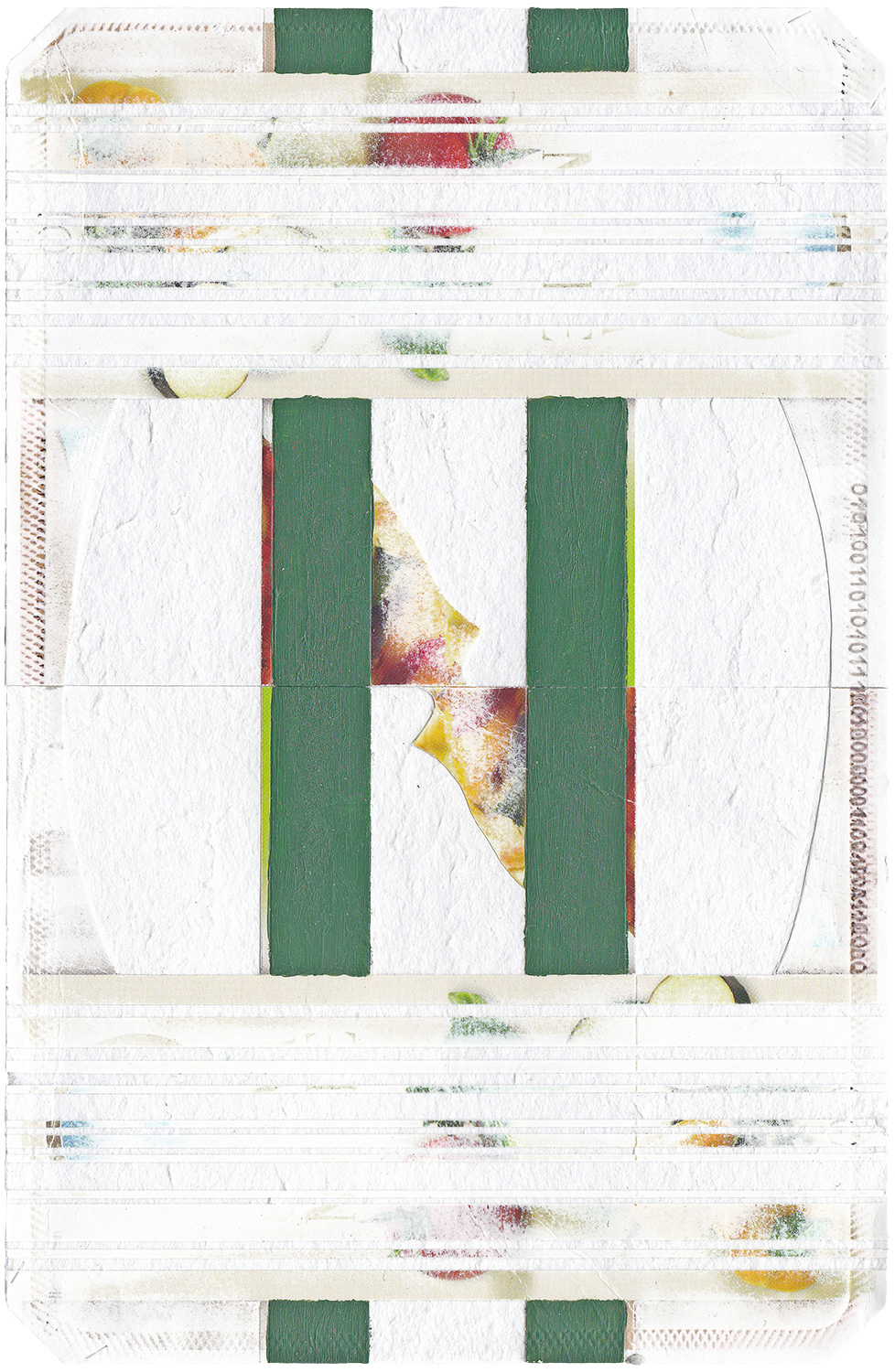 Code-Stripes VI / 2020 / Malerei, Decollage / Acrylfarbe, Permanentstift, Lebensmittelverpackungen / 18,5 x 12,1 cm