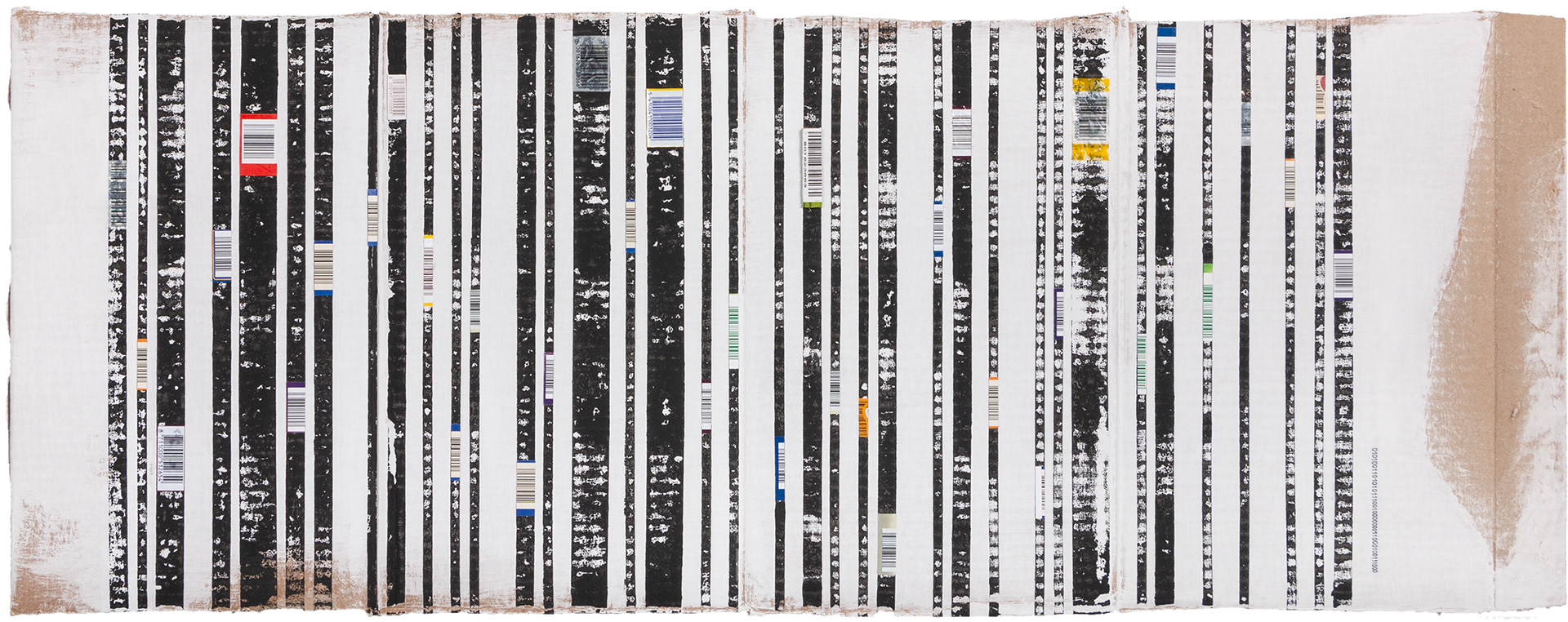 Codierung / 2018 / Linoldruck, Collage / Barcodes (Lebensmittelverpackungen), Permanentstift, grundierter Verpackungskarton / ca. 39,5 x 101 cm