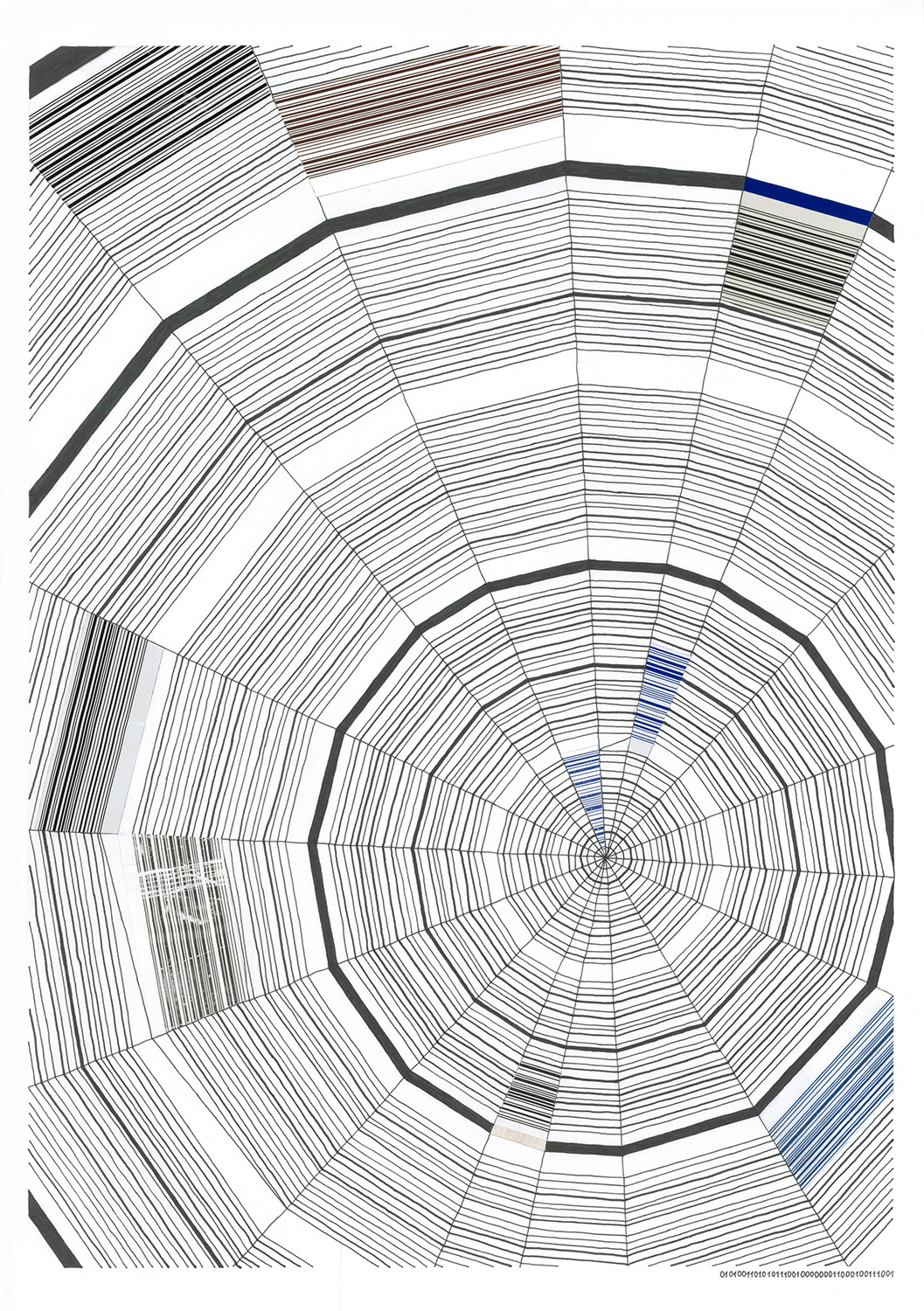 Warennetz / 2019 / Zeichnung, Collage / Barcodes (Lebensmittelverpackungen), Permanentstift, Papier / 42,0 x 29,7 cm