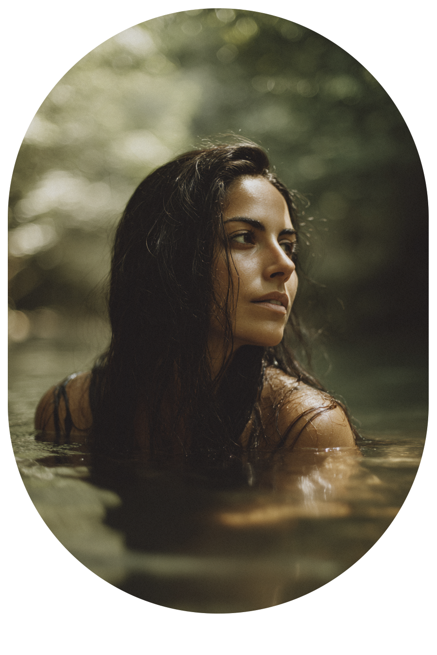 Woman immersed in nature, reflecting Nymara’s connection to natural hair rituals and earth-led beauty