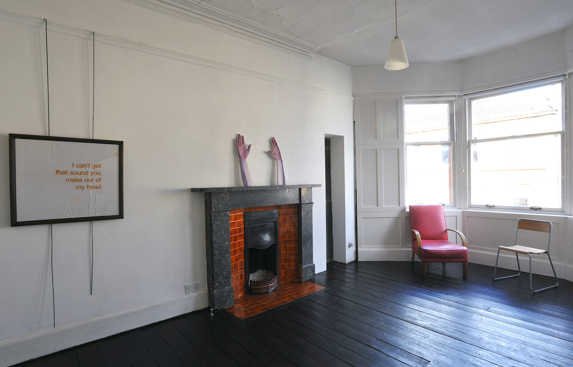 Installation view, hand stitched song lyrics (Built to Spill)