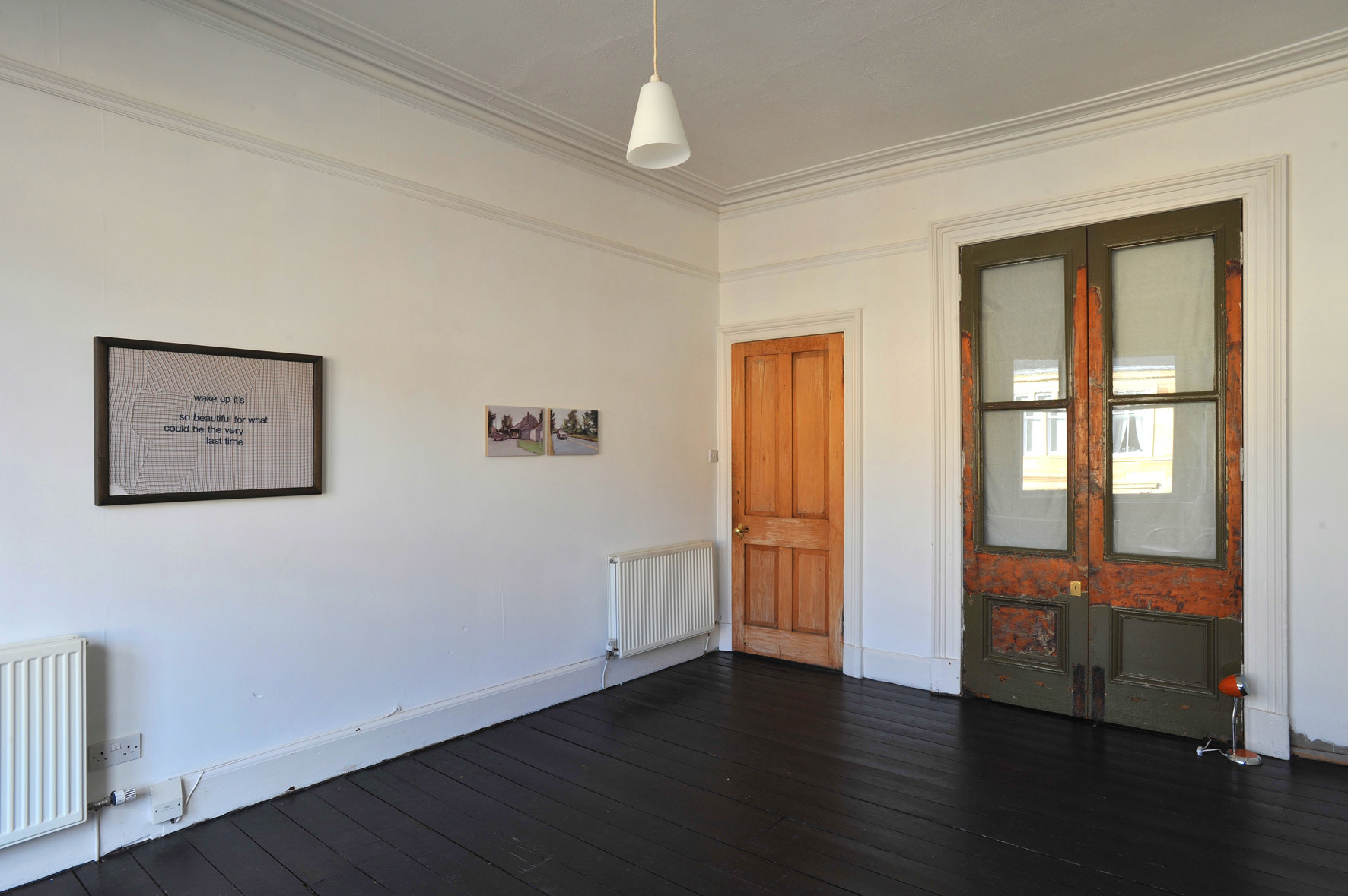 Installation view, hand stitched song lyrics (Boo Radleys)