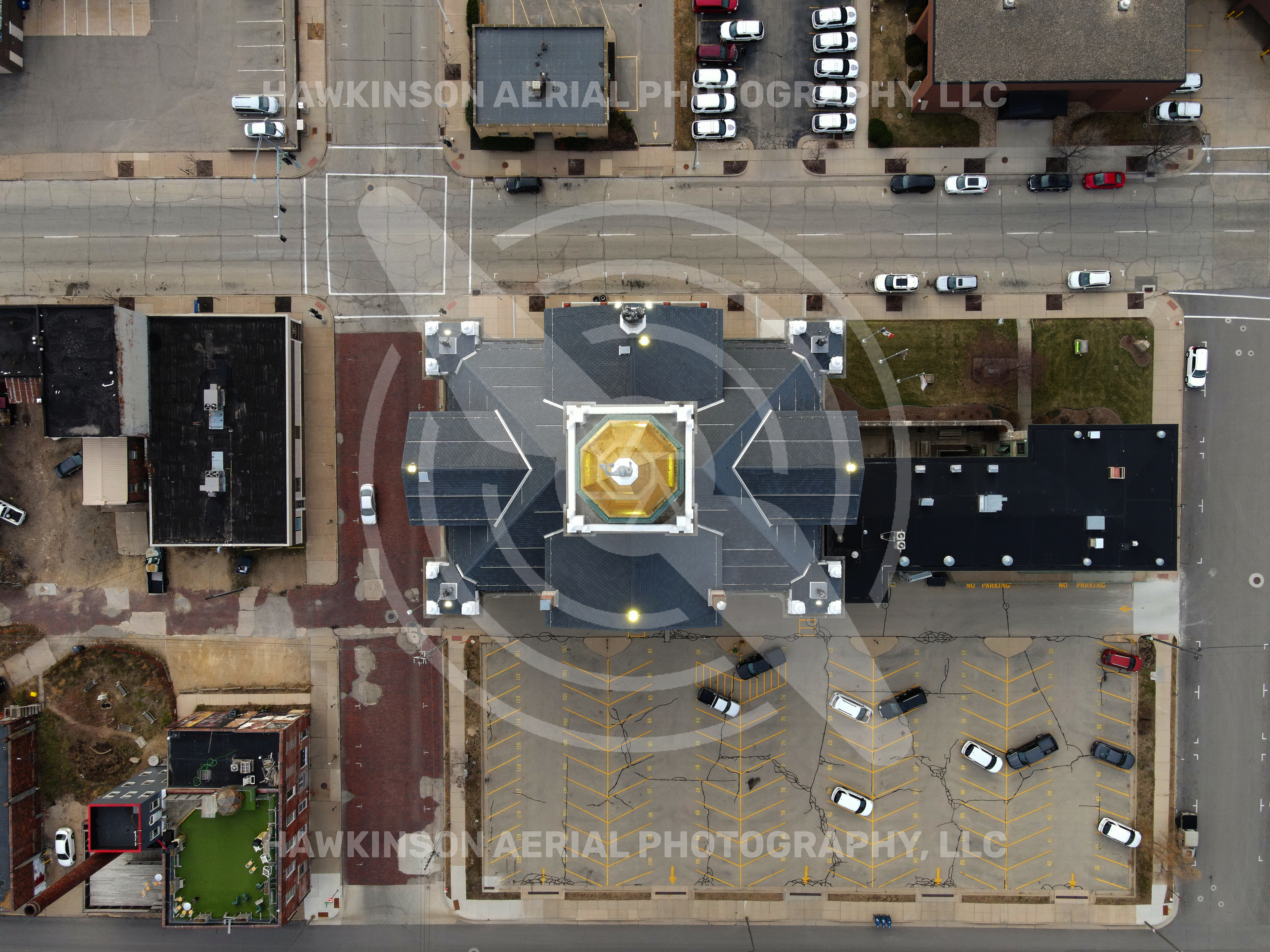 Birds eye view over the Dubuque County Courthouse. © Hawkinson Aerial Photography, LLC. All rights reserved.