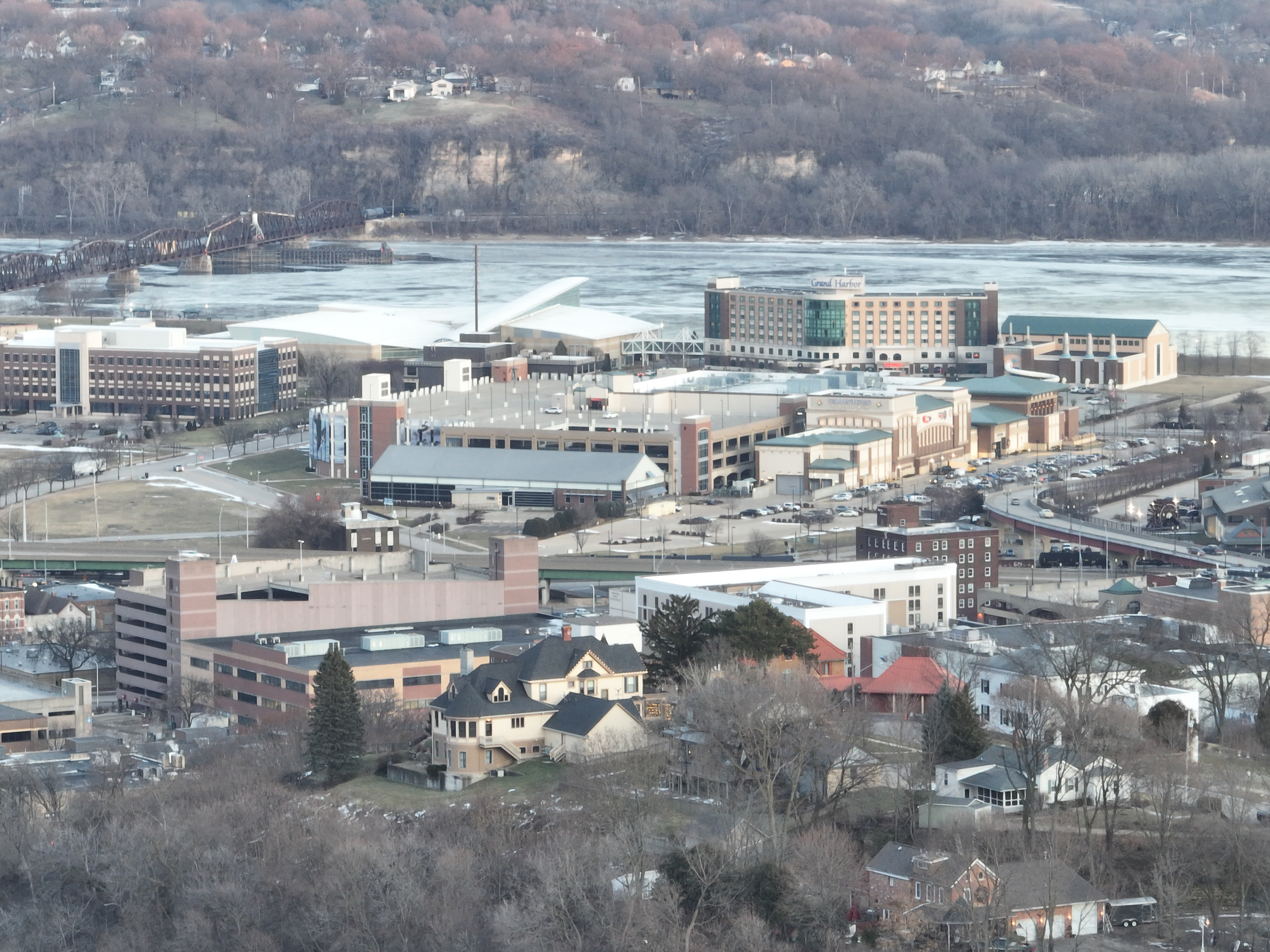 Downtown Dubuque. Diamond Jo Casino. Grand Harbor. Mississippi River. © 2022 Hawkinson Aerial Photography, LLC
