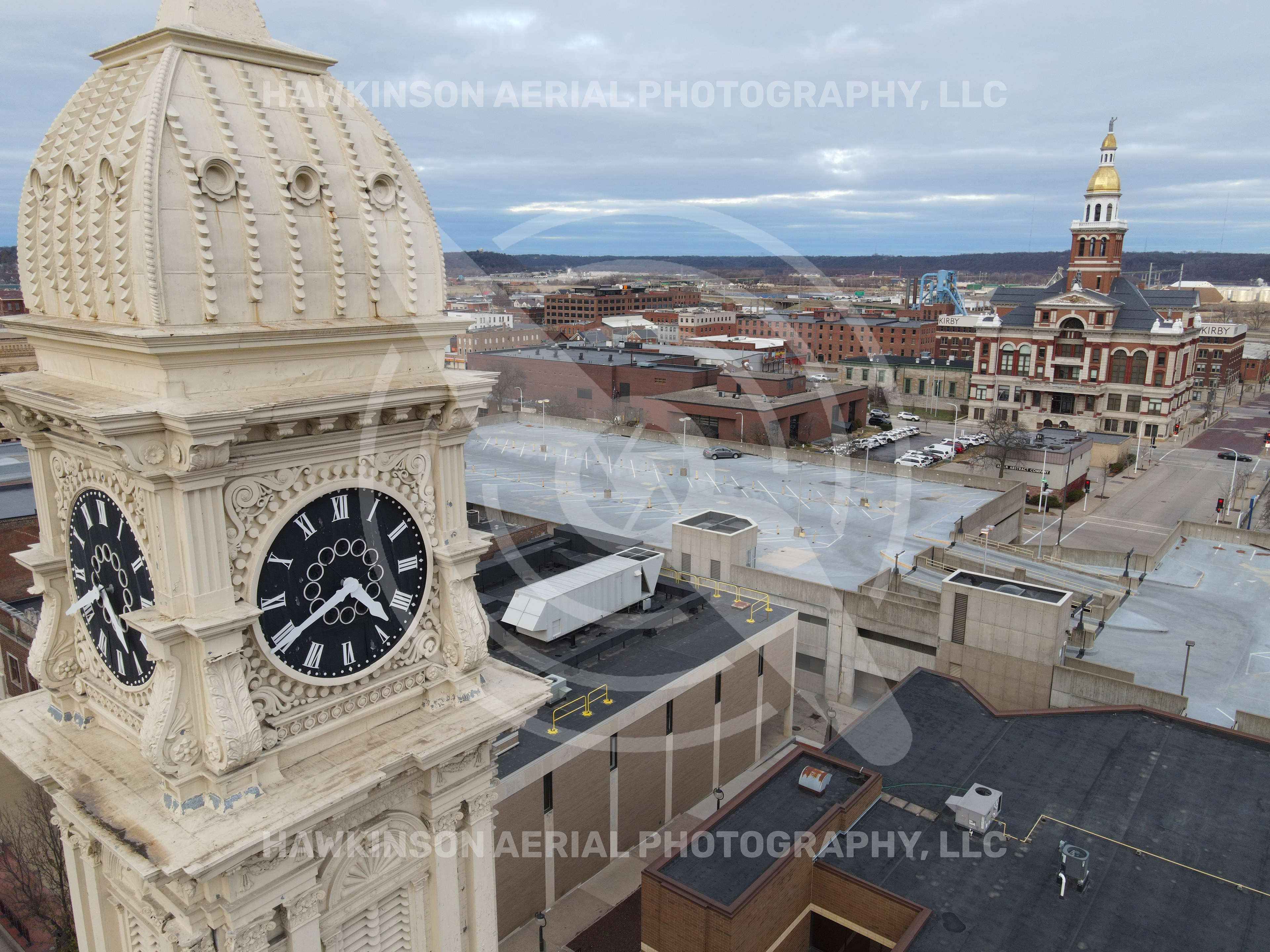 Dubuque Town Clock and Dubuque County Courthouse. © Hawkinson Aerial Photography, LLC. All rights reserved.