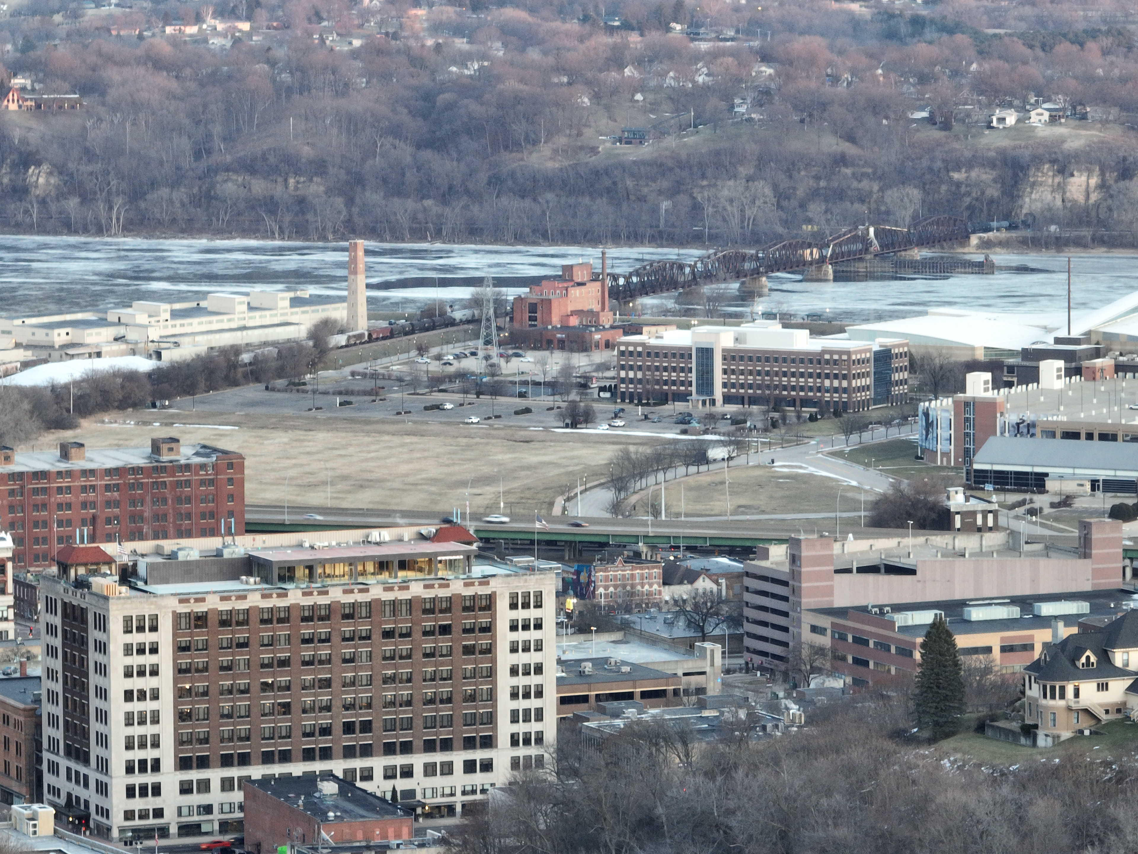Downtown Dubuque. Diamond Jo Casino. Grand Harbor. Dubuque Shot Tower. Dubuque Star Brewery. Mississippi River. © 2022 Hawkinson Aerial Photography, LLC