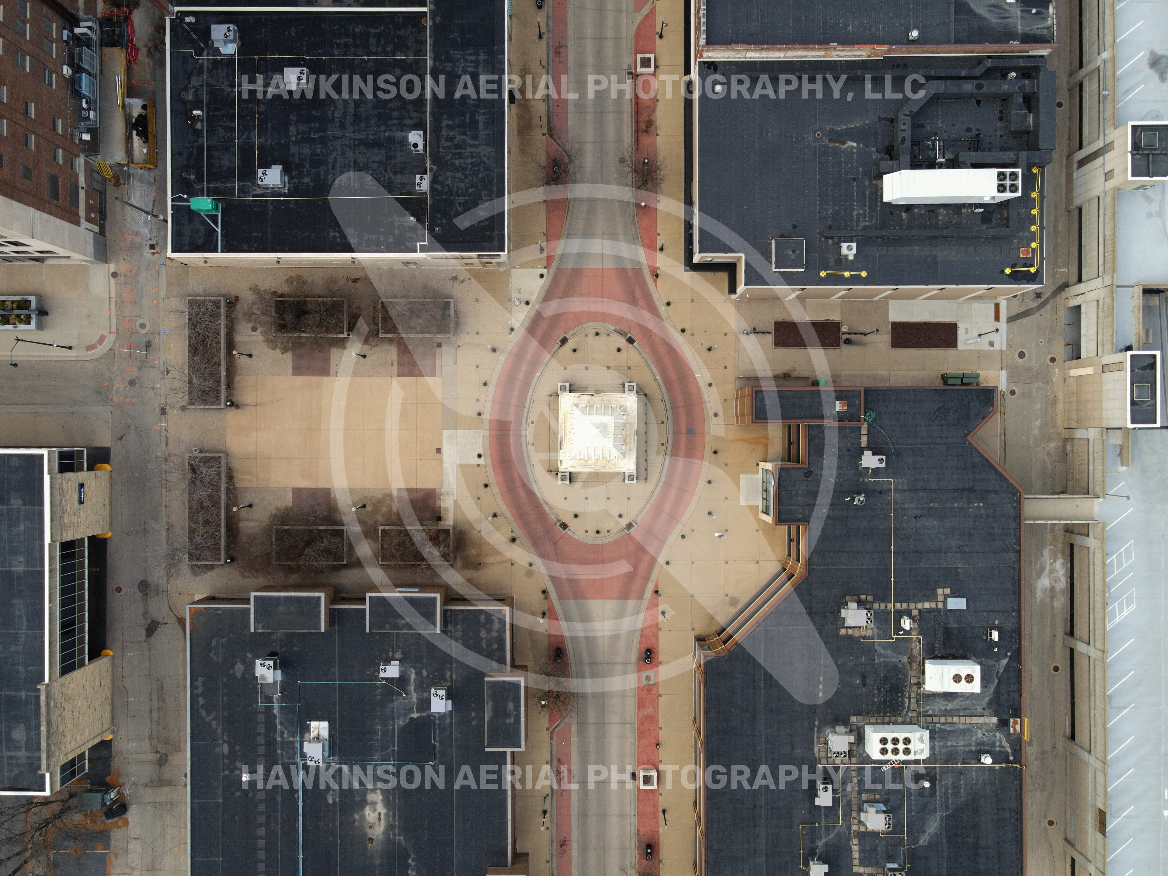 Birds eye view over the Dubuque Town Clock. © Hawkinson Aerial Photography, LLC. All rights reserved.