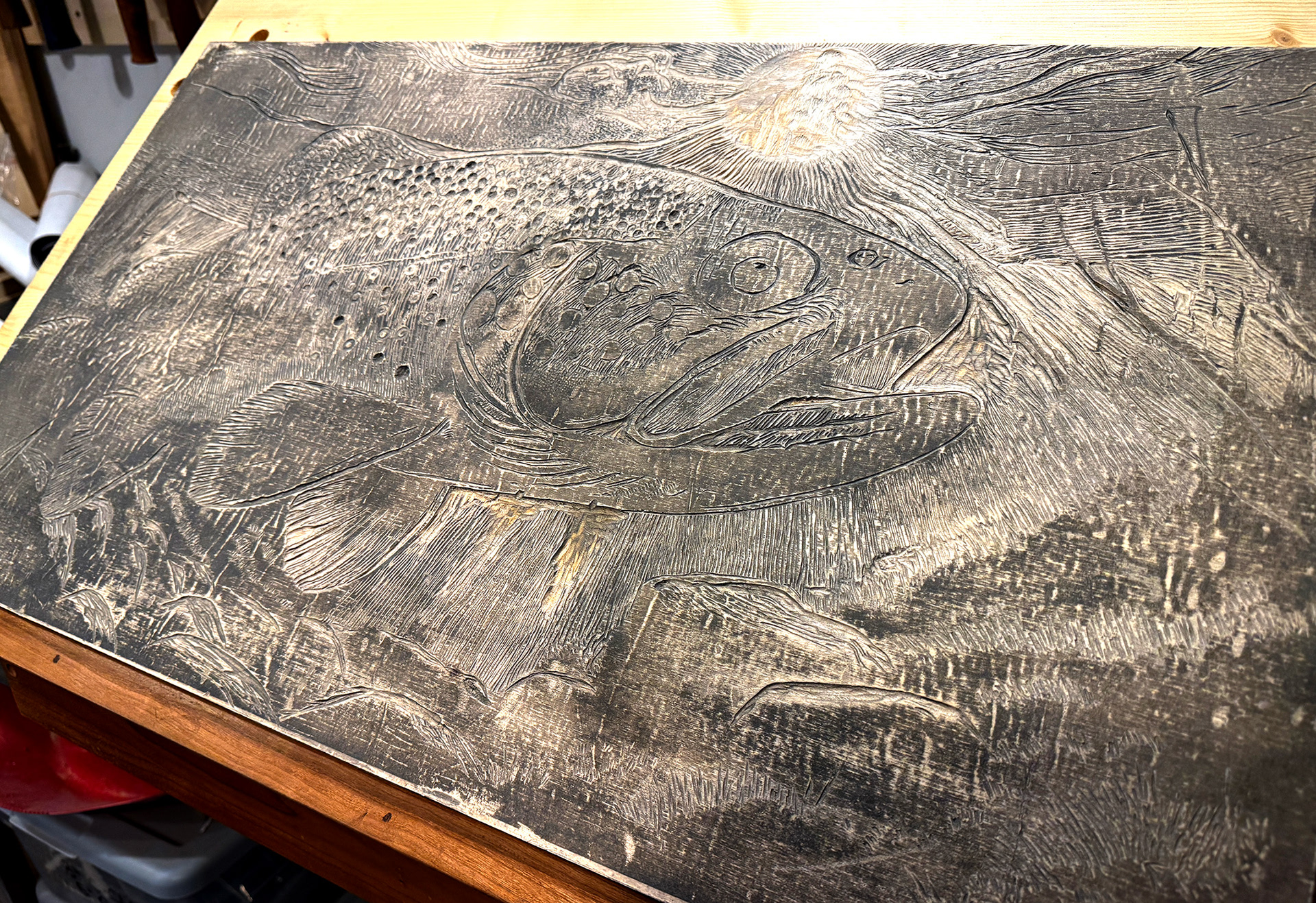 Carved block for the Trout, lightly sanded and ready to ink