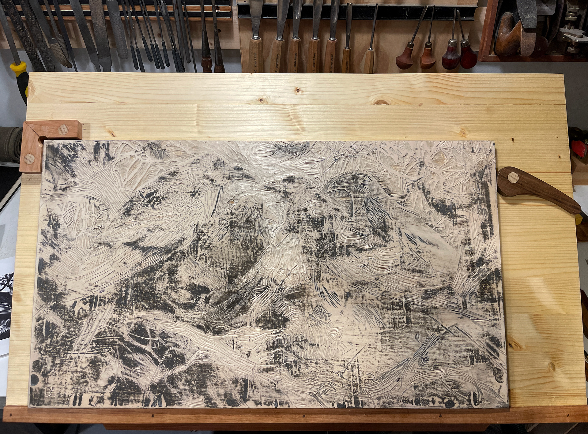 The Crows in progress on carving table