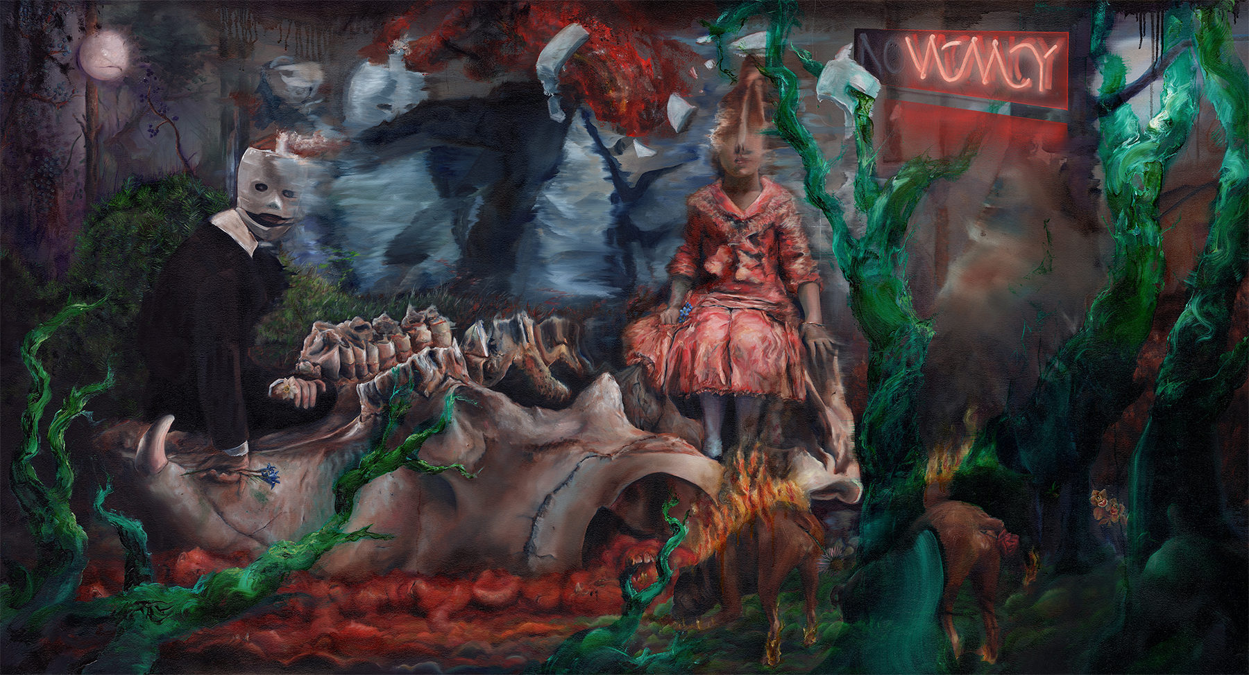 David’s Mask 1: Time Traveling with a Fellow Soul Scientist at the Bus Stop Paradise [AKA grasping the void and the inconspicuous atrocities around us hitherto]. 2023. Oil on Canvas. 48h x 96w in. 