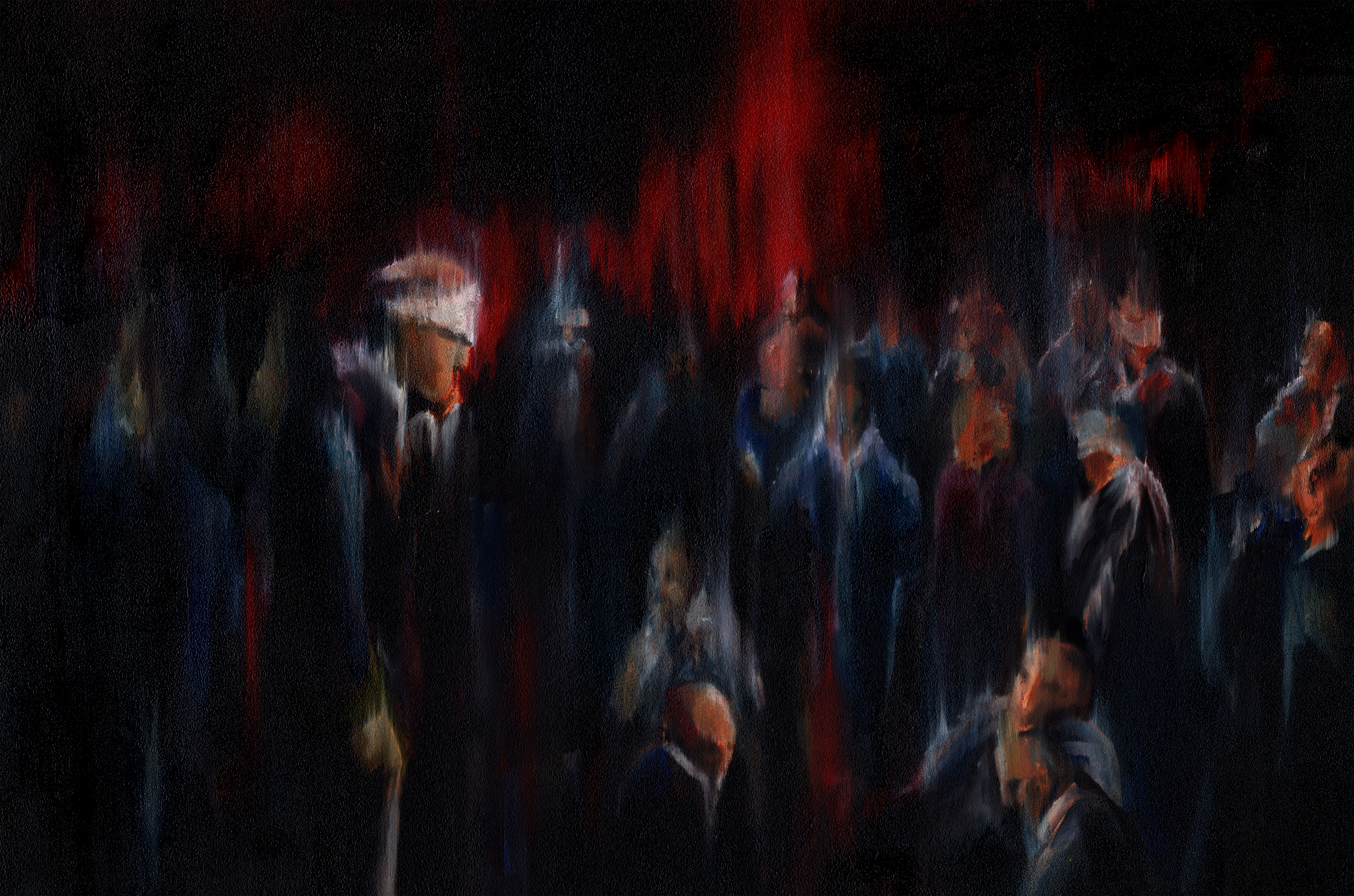 with enemies. 2022. oil on panel. 15h x 24w in.