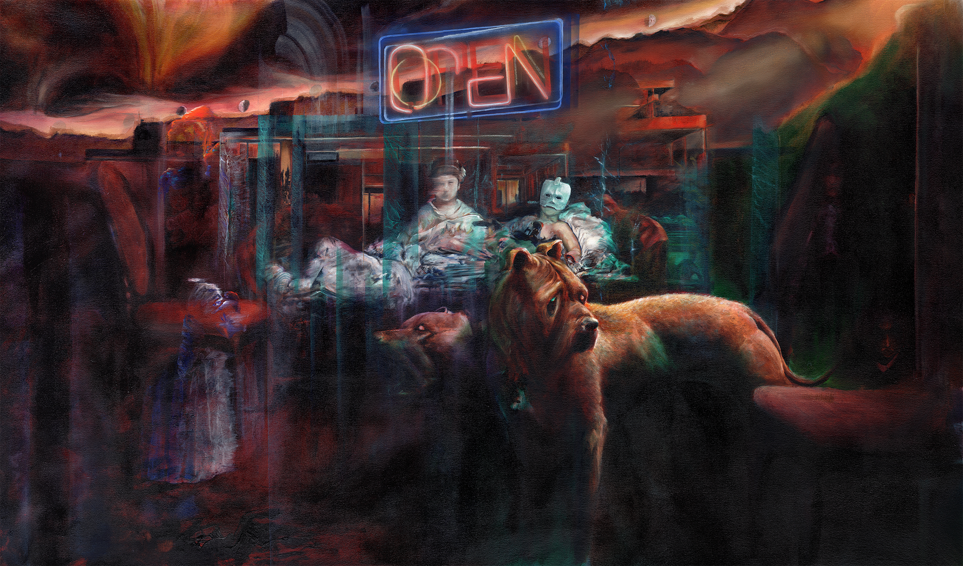 David’s Mask 2: Whounds in the Hell House. 2023. Oil on Canvas. 48h x 96inw.