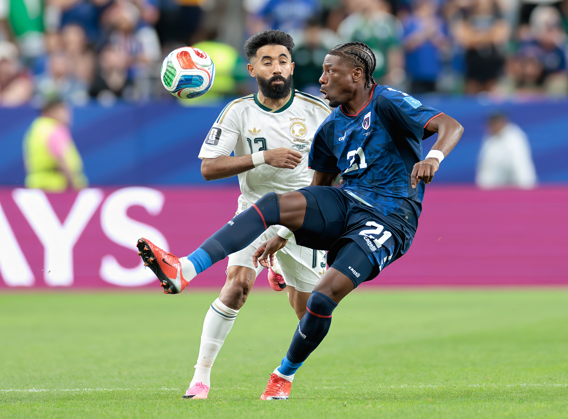 Saudi Arabian defender Nawaf Boushal and Cabo Verde forward Nuno da Costa