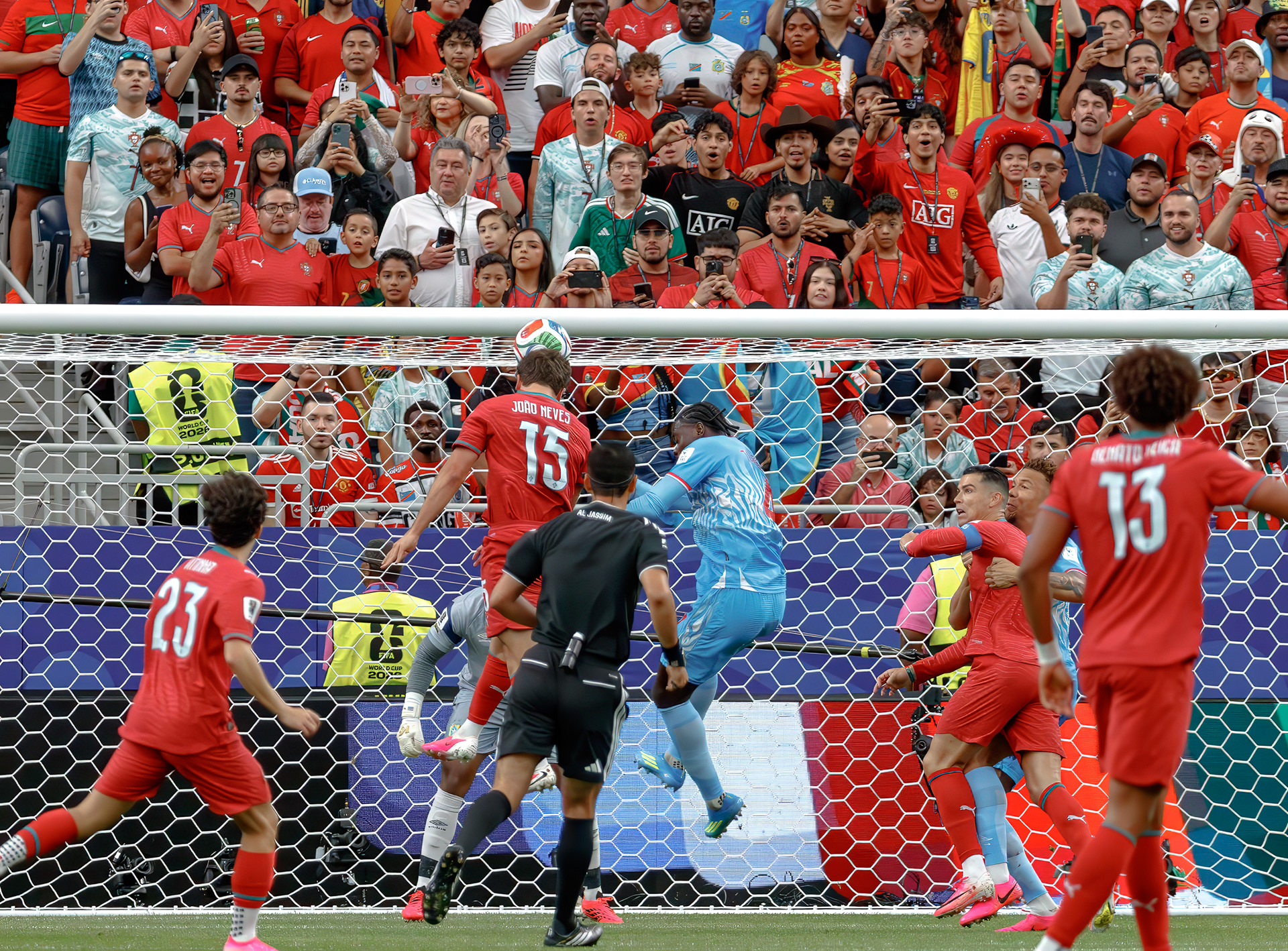 João Neves scores with a header in a match against DR Congo at NRG, Houston. 