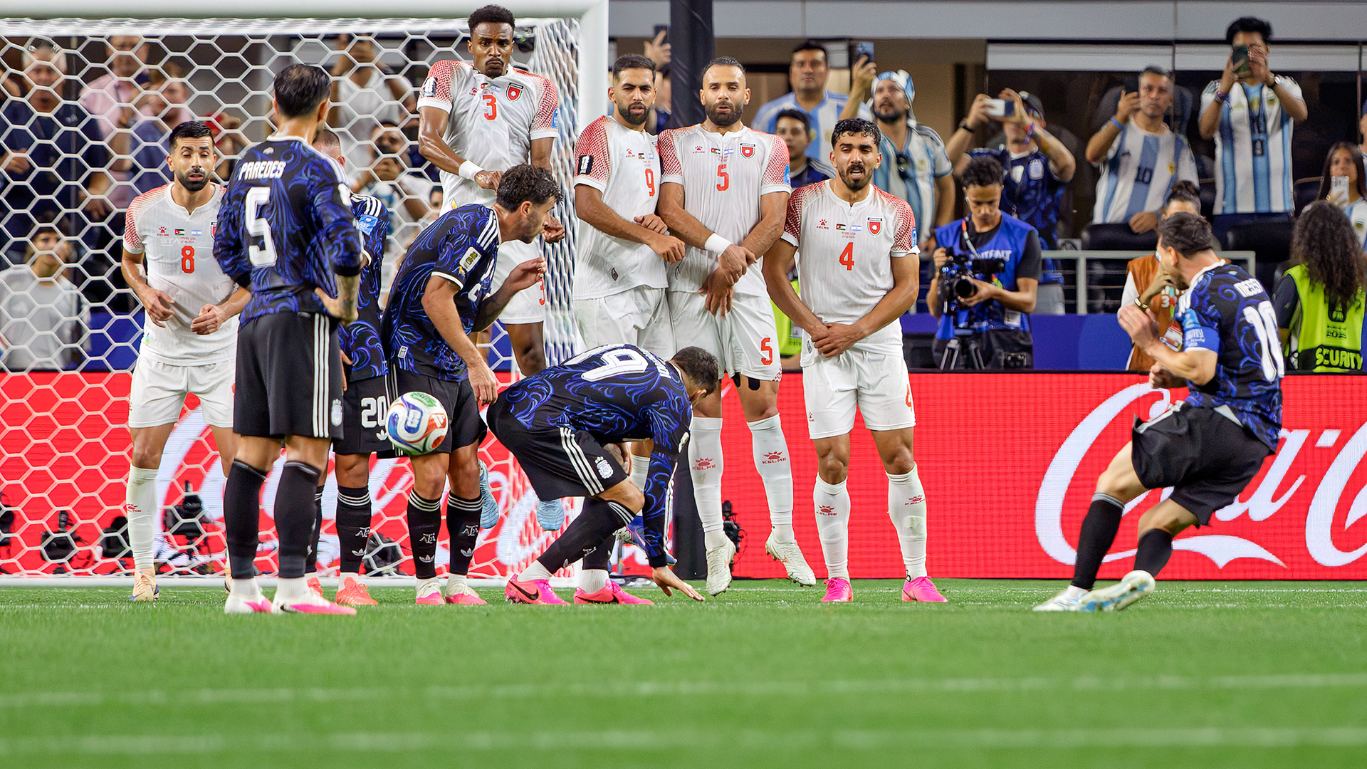 Lionel Messi of Argentina converts a penalty kick against Jordan during a FIFA World Cup 2026 match at AT&T Stadium in Arlington, Texas. Messi's shot found the far side of the net despite Jordan goalkeeper Yazeed Abulaila diving in the opposite direction.