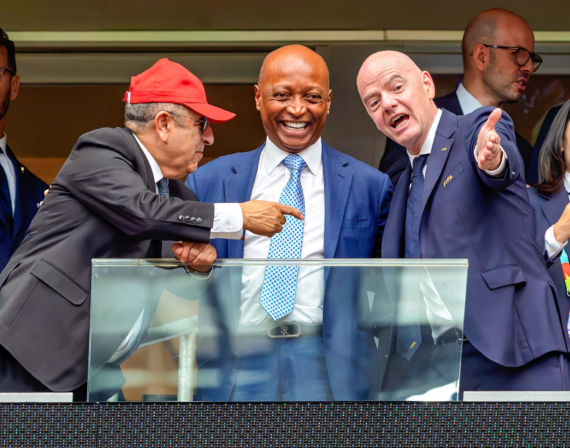 Houston, Texas, USA, July 4, 2026: FIFA President  Gianni Infantino (right), CAF President Patrice Motsepe (center), and King Mohammed VI of Moroacco react during the FIFA World Cup Group Stage match between Canada and Morocco at NRG Staduim. 