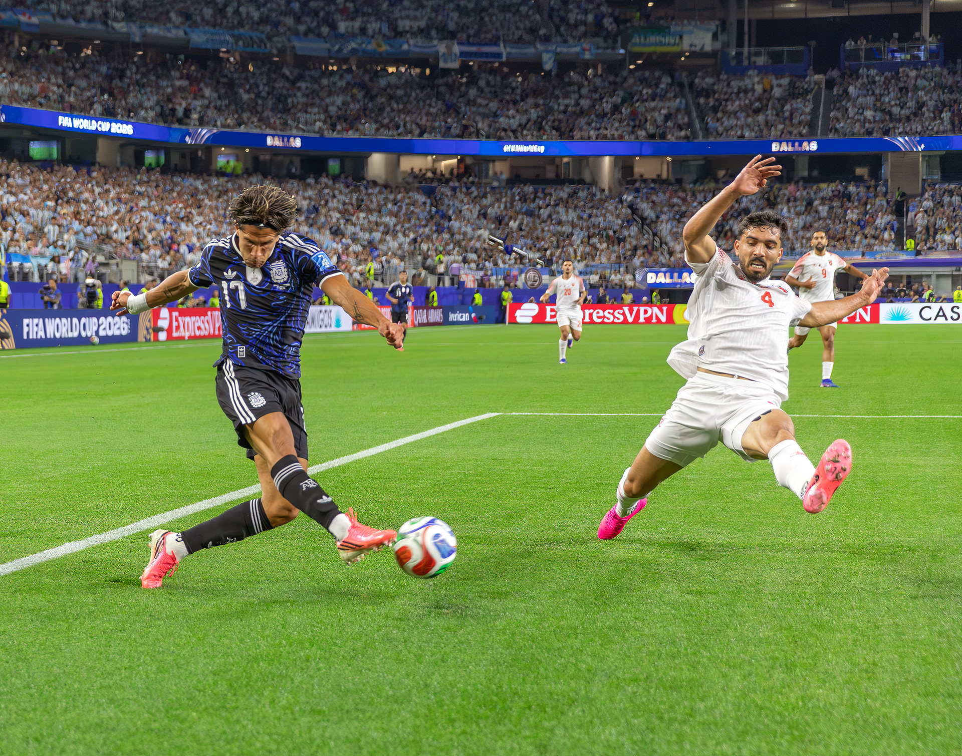 Giuliano Simeone (17) of Argentina unleashes a powerful shot during a FIFA World Cup 2026 Group J match against Jordan at AT&T Stadium in Arlington, Texas.