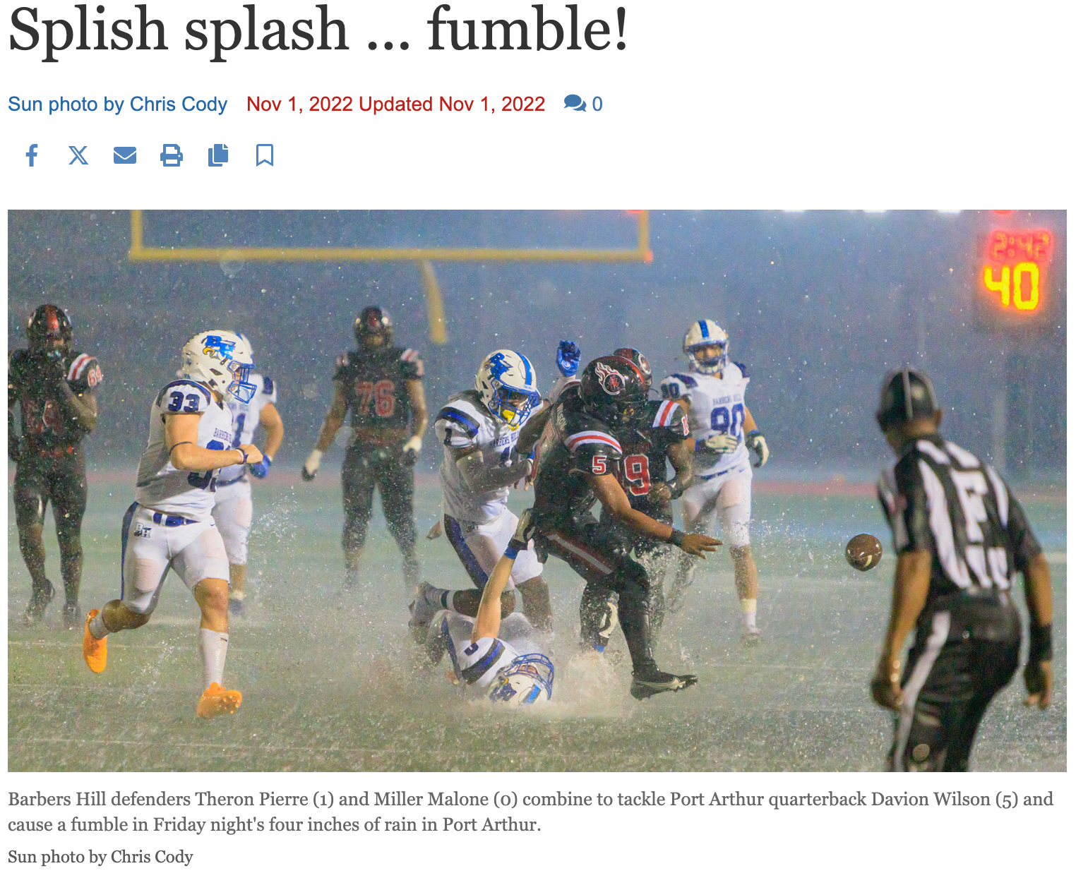 "With my primary 300mm lens in the shop, I shot this game using a rented 200mm—and silently wished I’d bought the insurance. A record-breaking six inches of rain fell that night. The deluge was so intense that officials actually had to pause the game just to catch the endzone turf before it floated away. At least I remembered my umbrella."