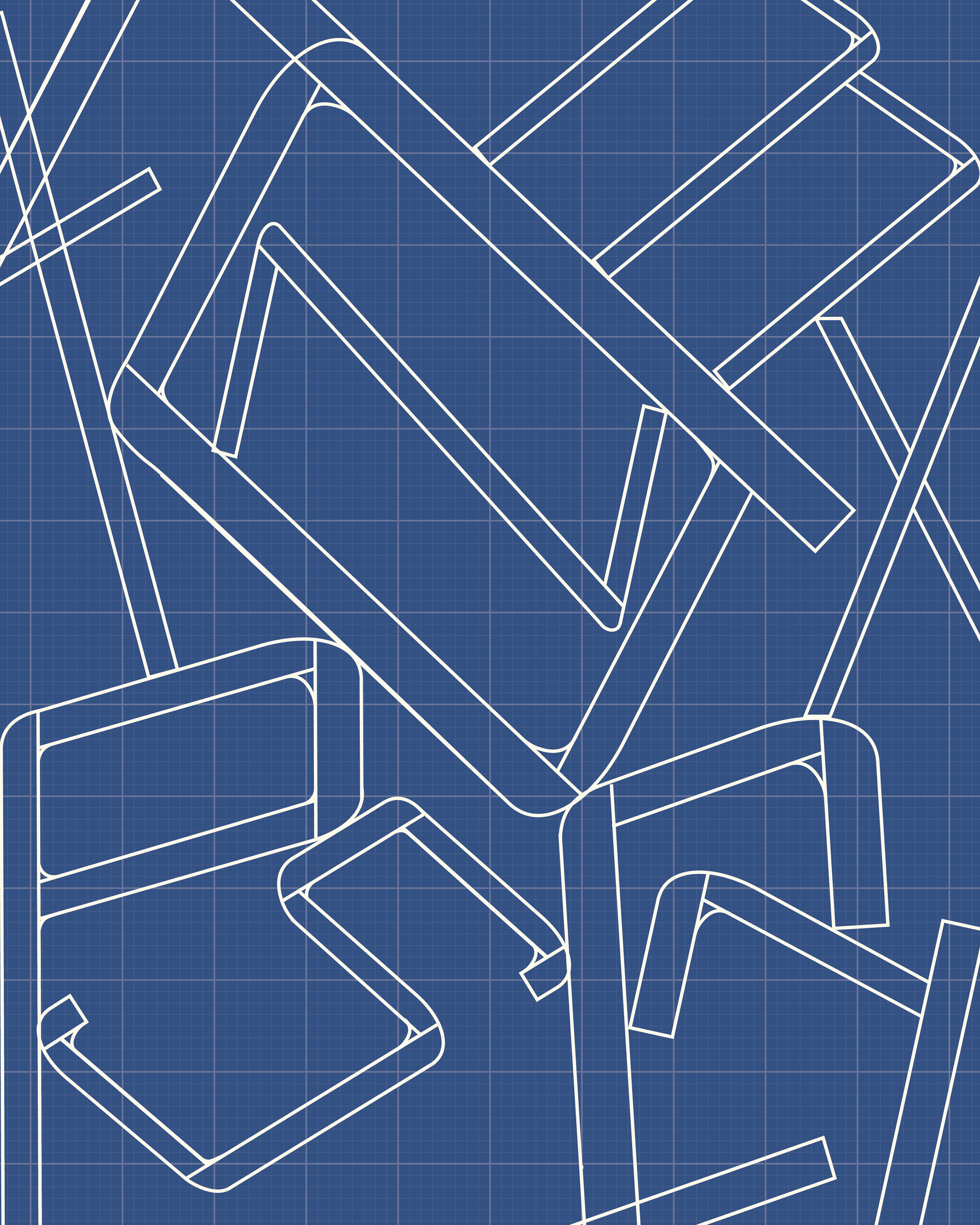 A poster with a blue background reminiscent of the color of architectural blueprints. Also in the background, there is a grid of grey squares, also not unlike traditional blueprints. The lowercase letters, roughly from left to right, "t," "a," "z," "m," and "x," are on the top row. The letters, also from left to right,  "e," "s," "f," and a backwards "r" are on the bottom row. The "z" is within the bowl of the "a," and the letters "e," "s," "f," and "r" are underneath the rest of the letters. "x" is between the "m" and the "f" vertically. These letters from the craftsman typeface are asymmetrically placed in varying sizes and at different angles.