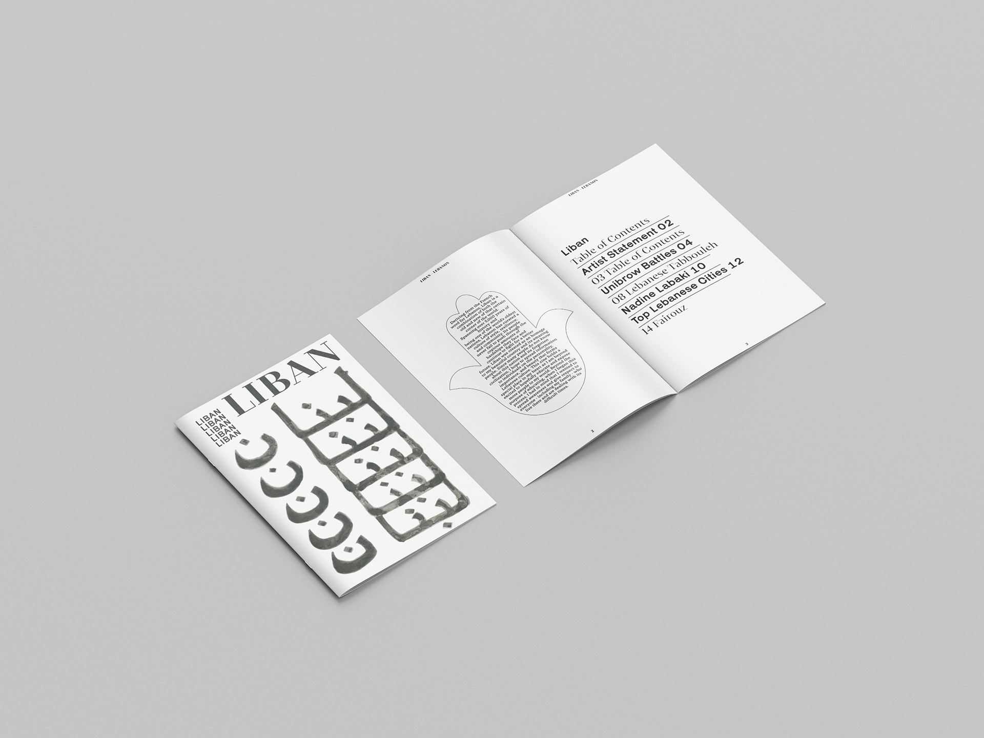 Painted in ink to symbolize Lebanon's resilience and permanence, the cover of "Liban" is a repetition of the zine's name as a means of instilling this idea. The author's note is confined within the Hamza, which is meant to protect from the evil eye and bring good intentions to the zine.