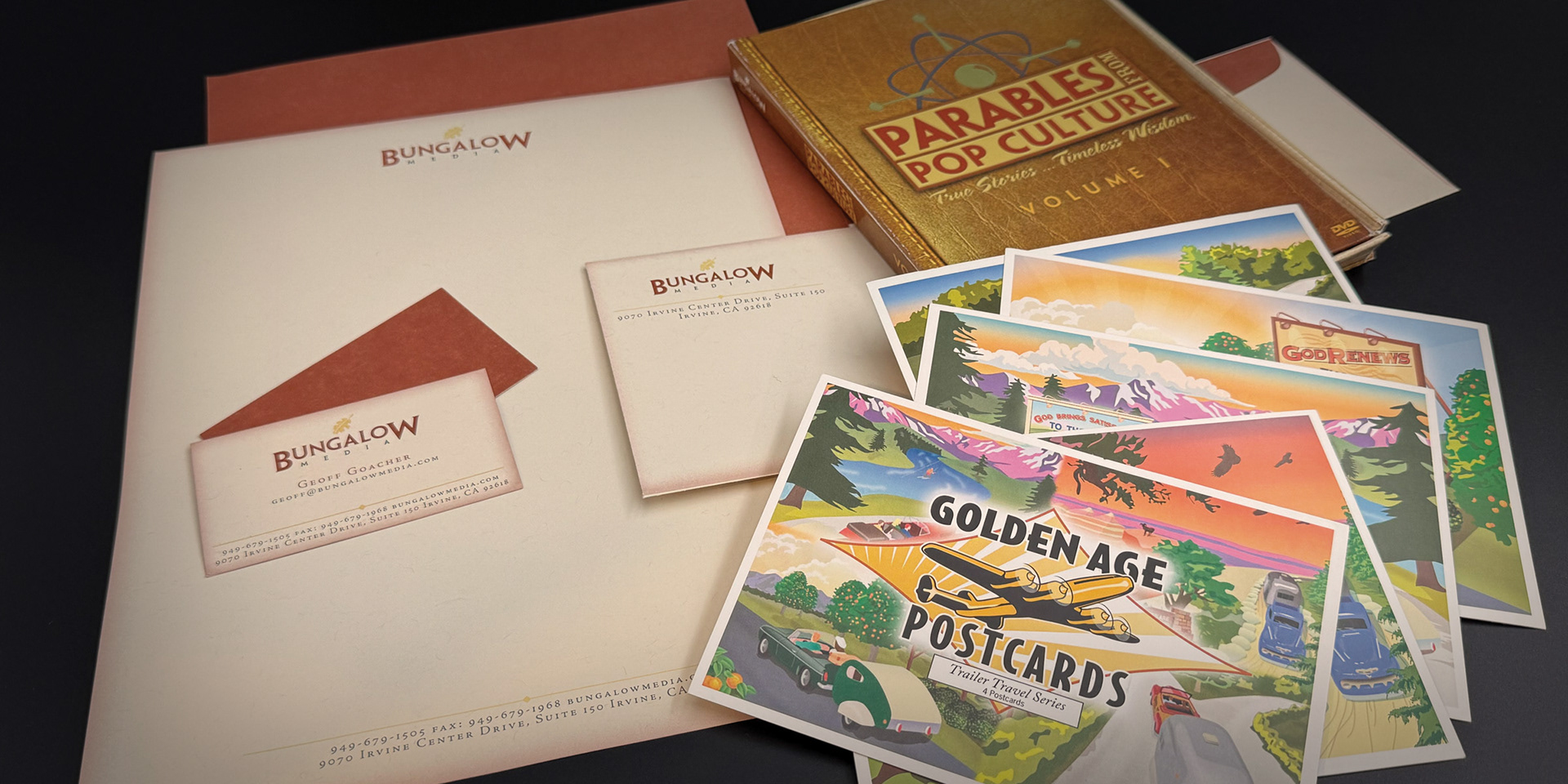 Photo of Bungalow Media identity system and DVD pieces.