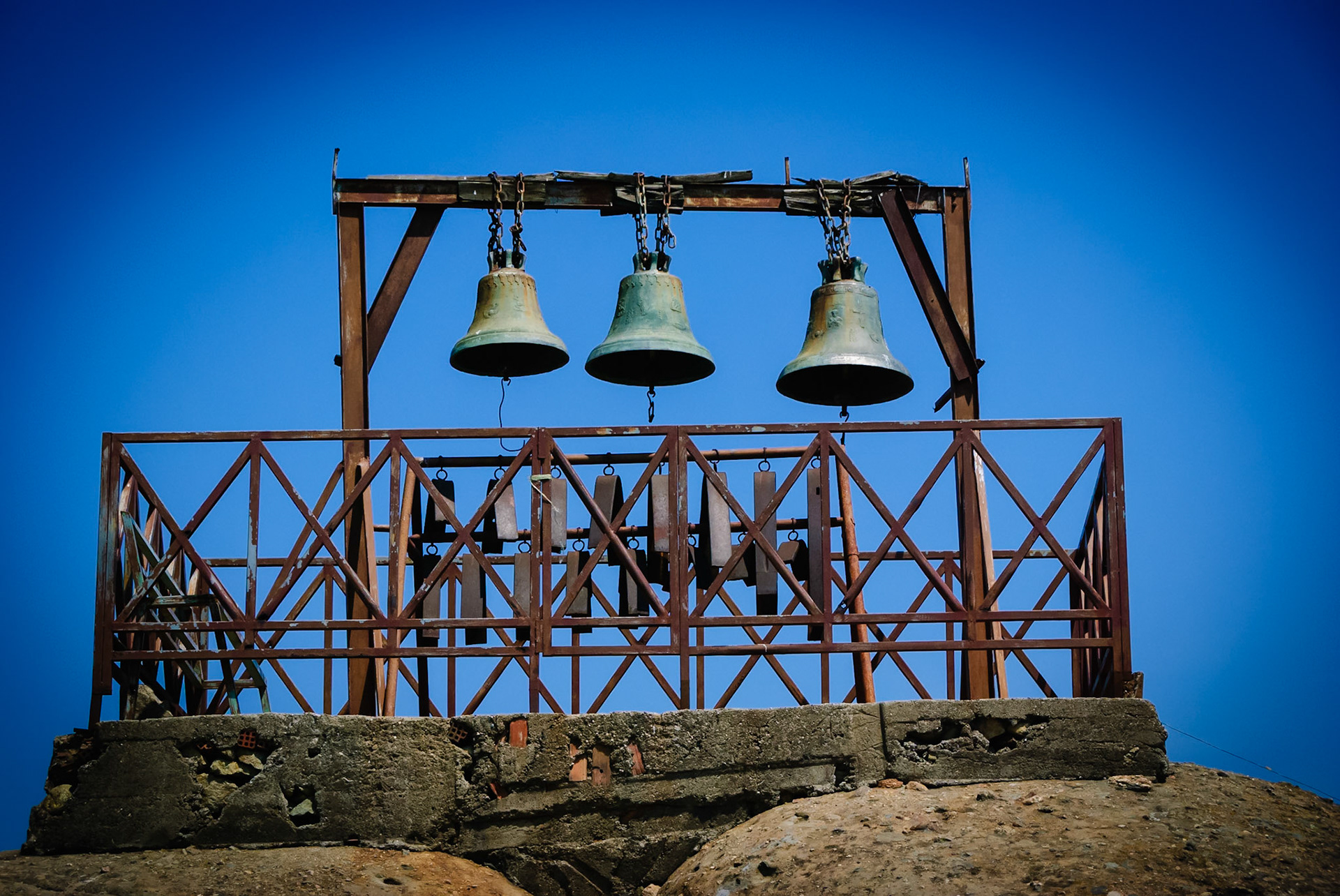 Trio of bells in Meteora, Greece
