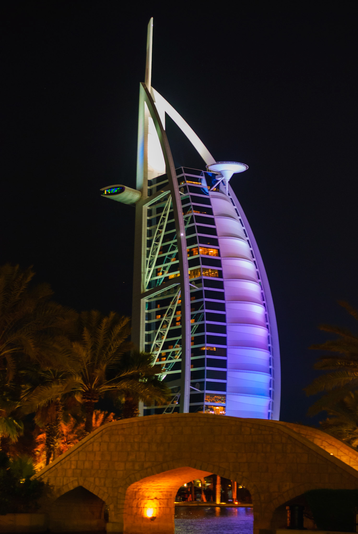 Night time view of Burj Al Arab from Madinat Jumeirah