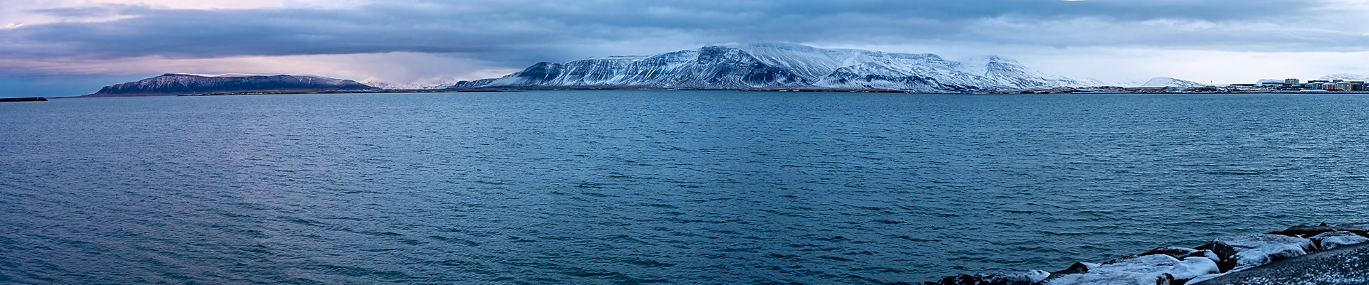 Looking across Faxaflói Bay toward Mount Esjan and the Reykjanes and Snӕfellsnes Peninsulas.